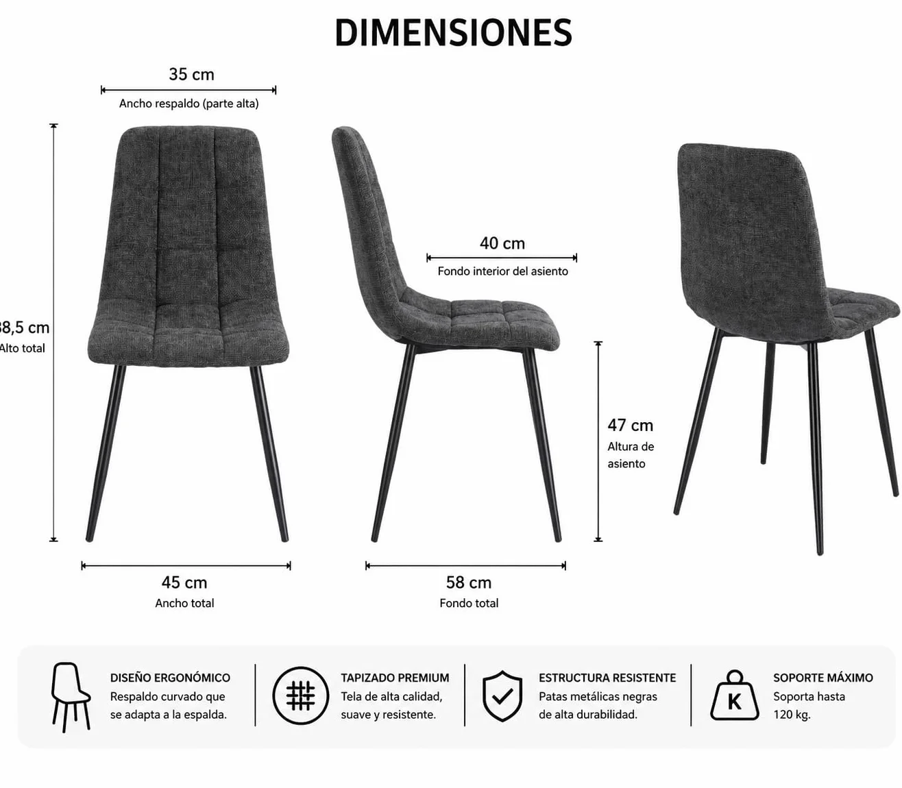 Homely® | Pack 4 sillas Aitana para Comedor | Elegante y Sofisticada | Sillas de Comedor con Acabado Tela Chenilla | Patas Metal Color Negro | Diseño cómodo y ergonómico | Gris Oscuro