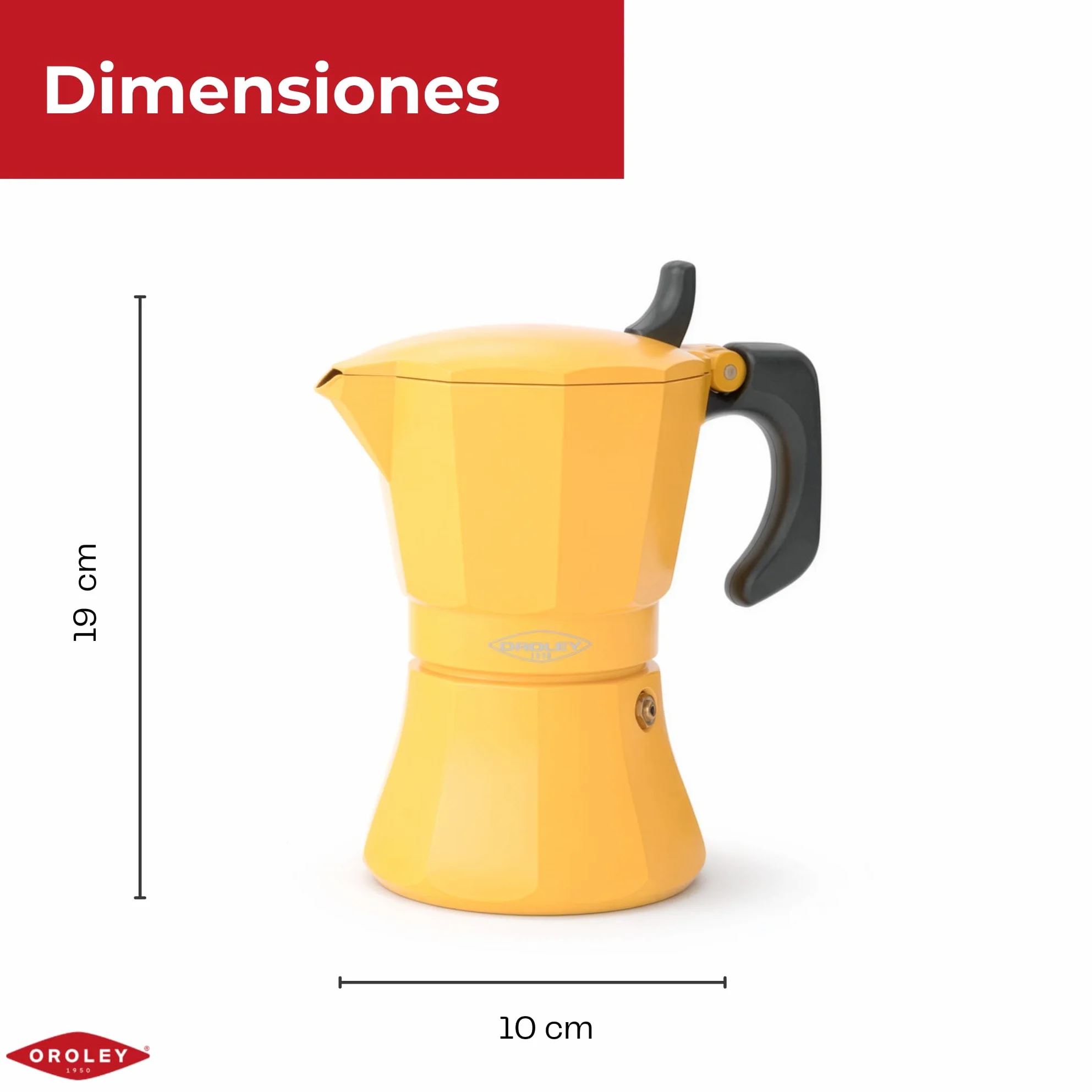 Oroley - Cafetera Italiana Petra | Base de Acero Inoxidable | Cafetera Inducción, Vitrocerámica, Fuego y Gas | Estilo Tradicional (Mostaza, 6 Tazas)