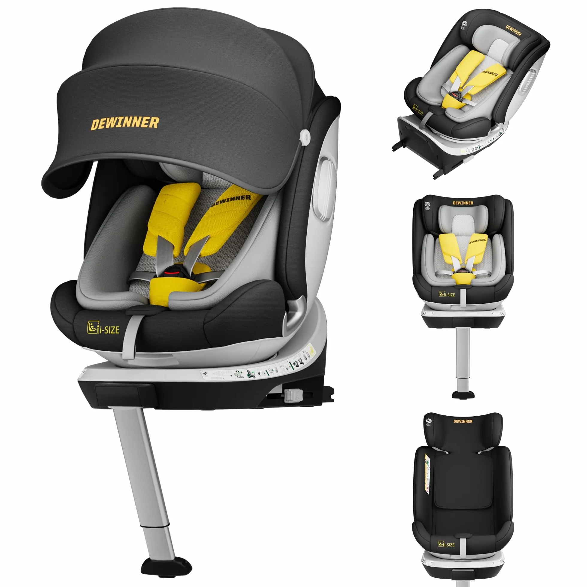 DEWINNER Sillas de Coche ISOFIX,I-Size 40-150 cm (0-36 kg),Silla Coche Bebé Grupo 0+/1/2/3, 5 Puntos Sillas de Coche Giratoria 360, RWF, FWF, Ajustable,Techo Anti-UV y Pata de Apoyo, ECER129 - Negro