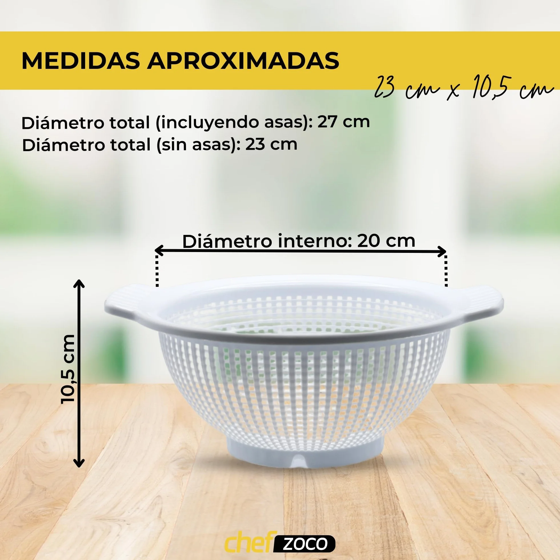 CHEFZOCO Escurridor de plástico, Colador de cocina, Colador multiusos, escurridor pasta, escurridor para frutas y verduras, Diámetro superior 23 cm, Libre de BPA, Capacidad 4 Litros, Plástico, Blanco
