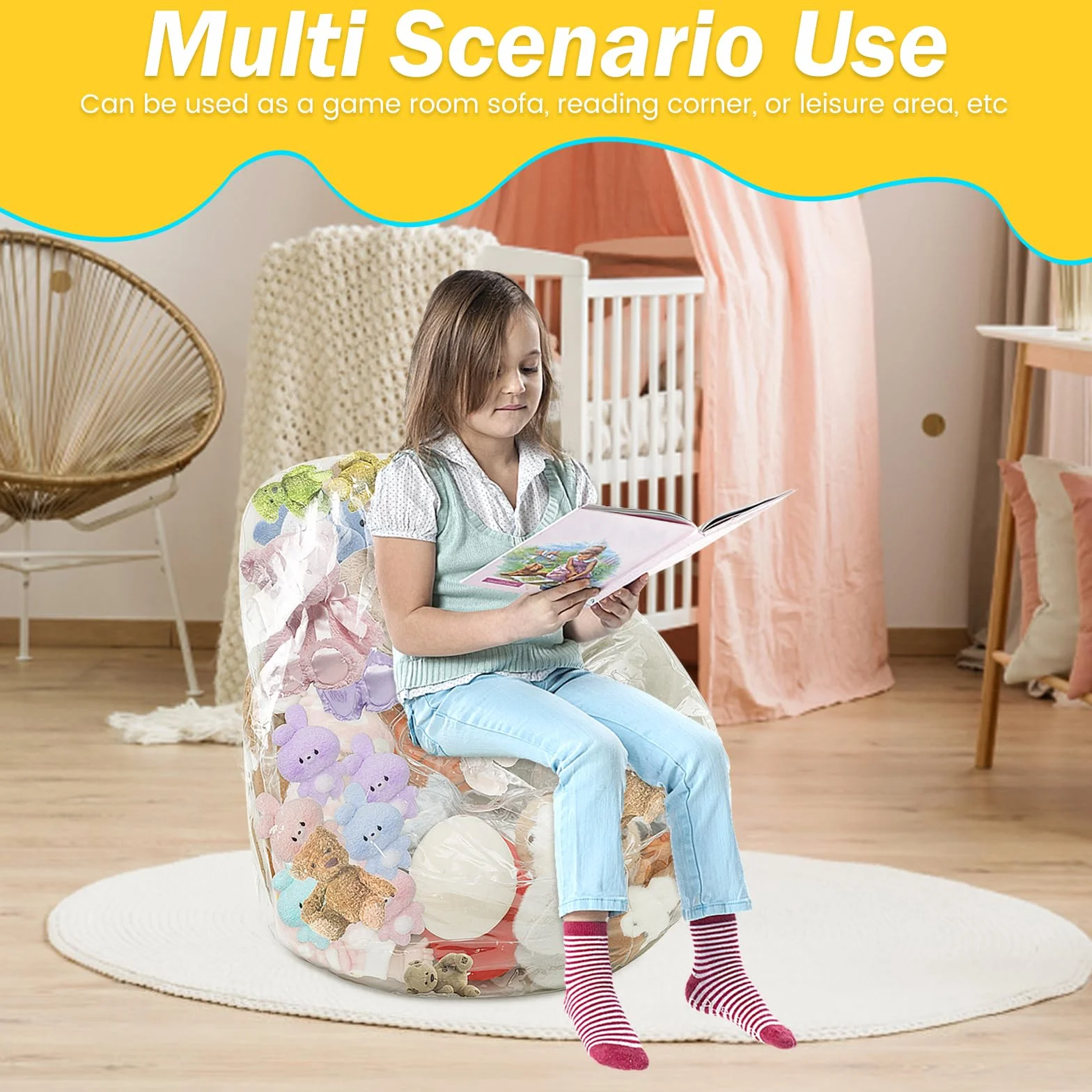 Funda para puf de silla para guardar peluches, tamaño grande, soporte para juguetes de peluche, organizador de habitación infantil y sillón de lectura (solo bolsa)