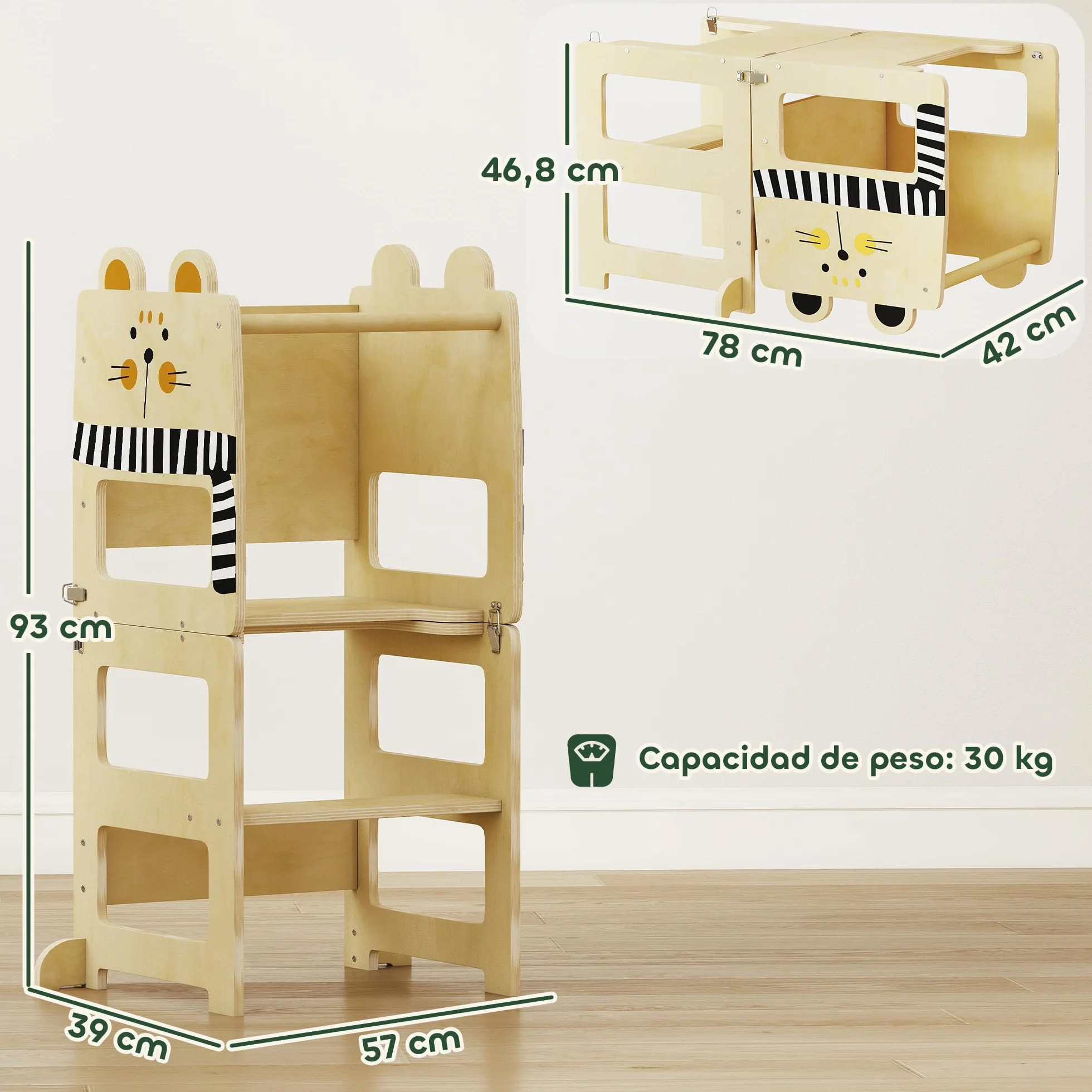 AIYAPLAY Torre de Aprendizaje 3 en 1 Plegable, Convertible en Escritorio y Silla, para Niños 2-5 Años, Natural