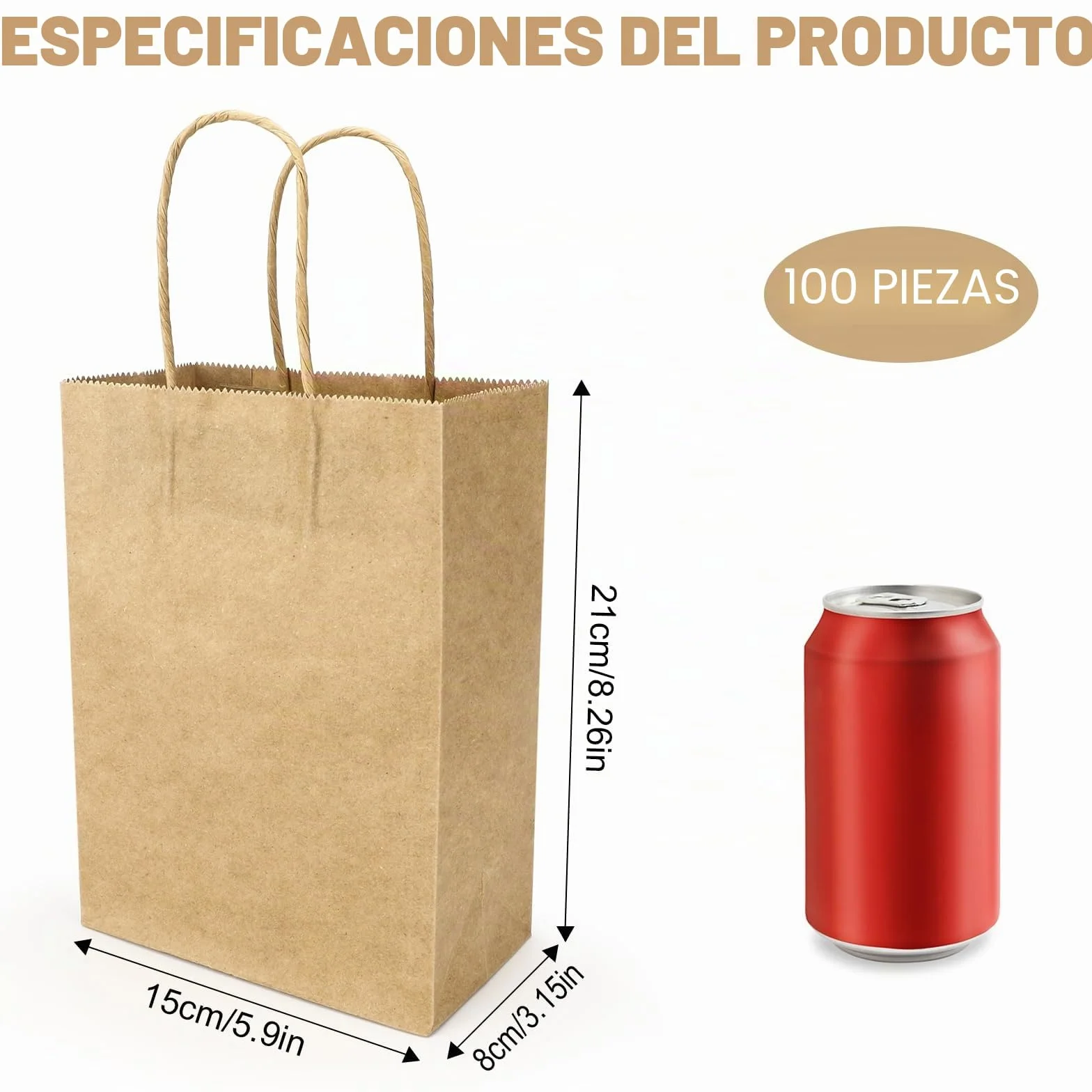 Bolsas Papel Regalo, 100Pcs Bolsas Papel Kraft con Asas, Bolsas de Papel, para Embalaje de Regalo, la Compra, Marrones, 21x15x8cm (Marrón)