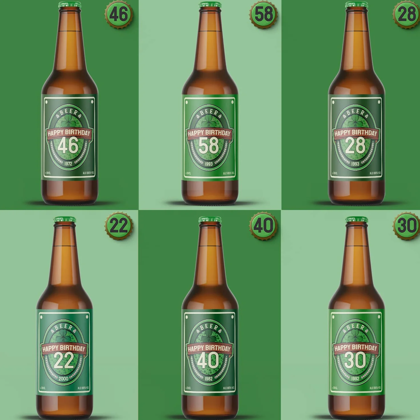 Pack de 6 Etiquetas Personalizadas para Botellas de Cerveza, con Texto y Edad, Pegatinas Pub Irlandés, Resistente al Agua y Hielo, Ideal para Cumpleaños y Fiestas, Tamaño a Elegir: 20cl, 33cl, 1L