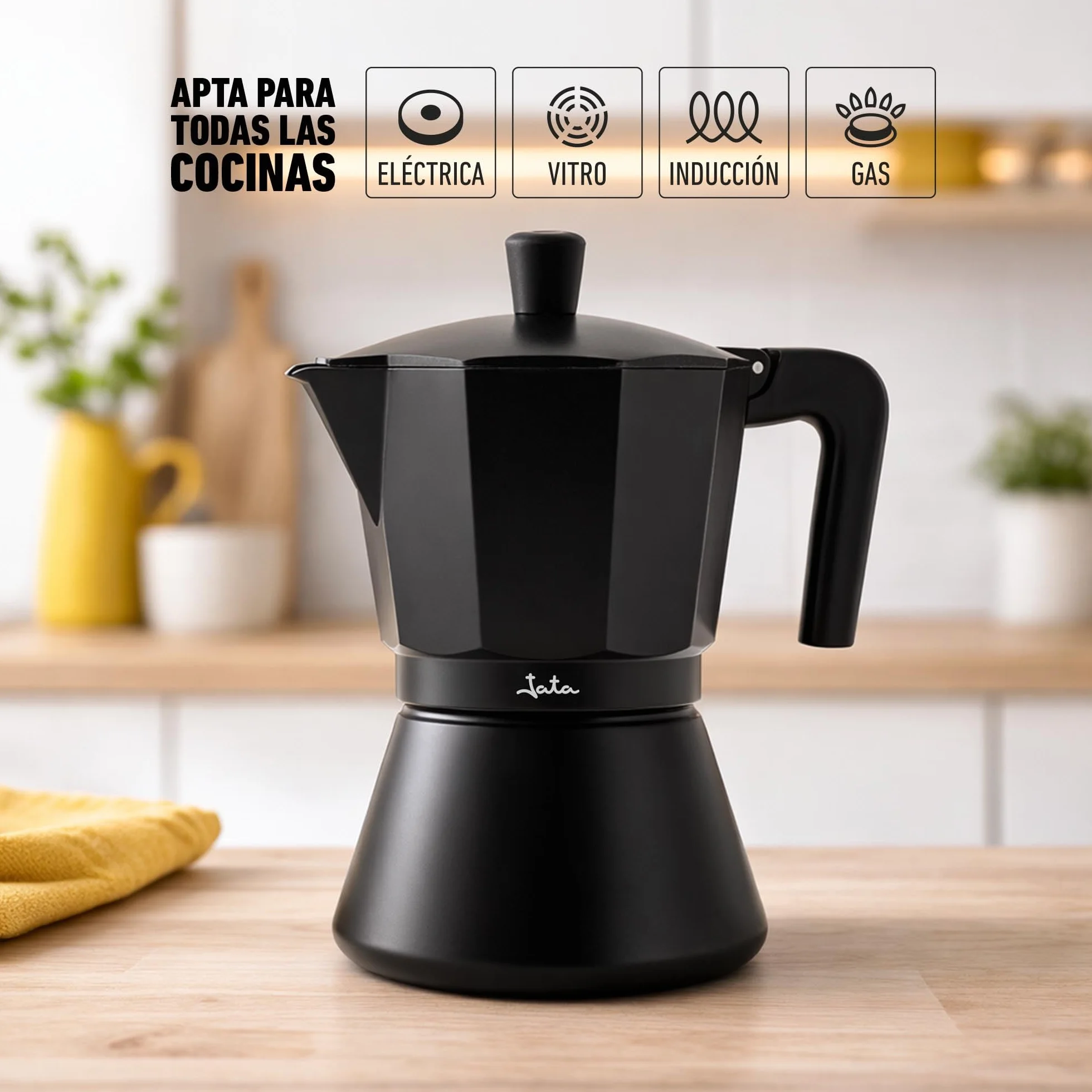 Jata CFI6 - Cafetera Italiana Inducción, Capacidad 6 Tazas, Apta para Todo Tipo de Cocinas, Cuerpo Aluminio, Negro