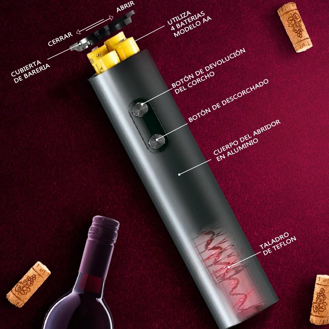 Sacacorchos eléctrico profesional con cortacápsulas, aireador y vertedor, Abridor de vino con base elegante, Regalos originales para hombre cumpleaños, Navidad o San Valentín, funciona con 4 pilas AA