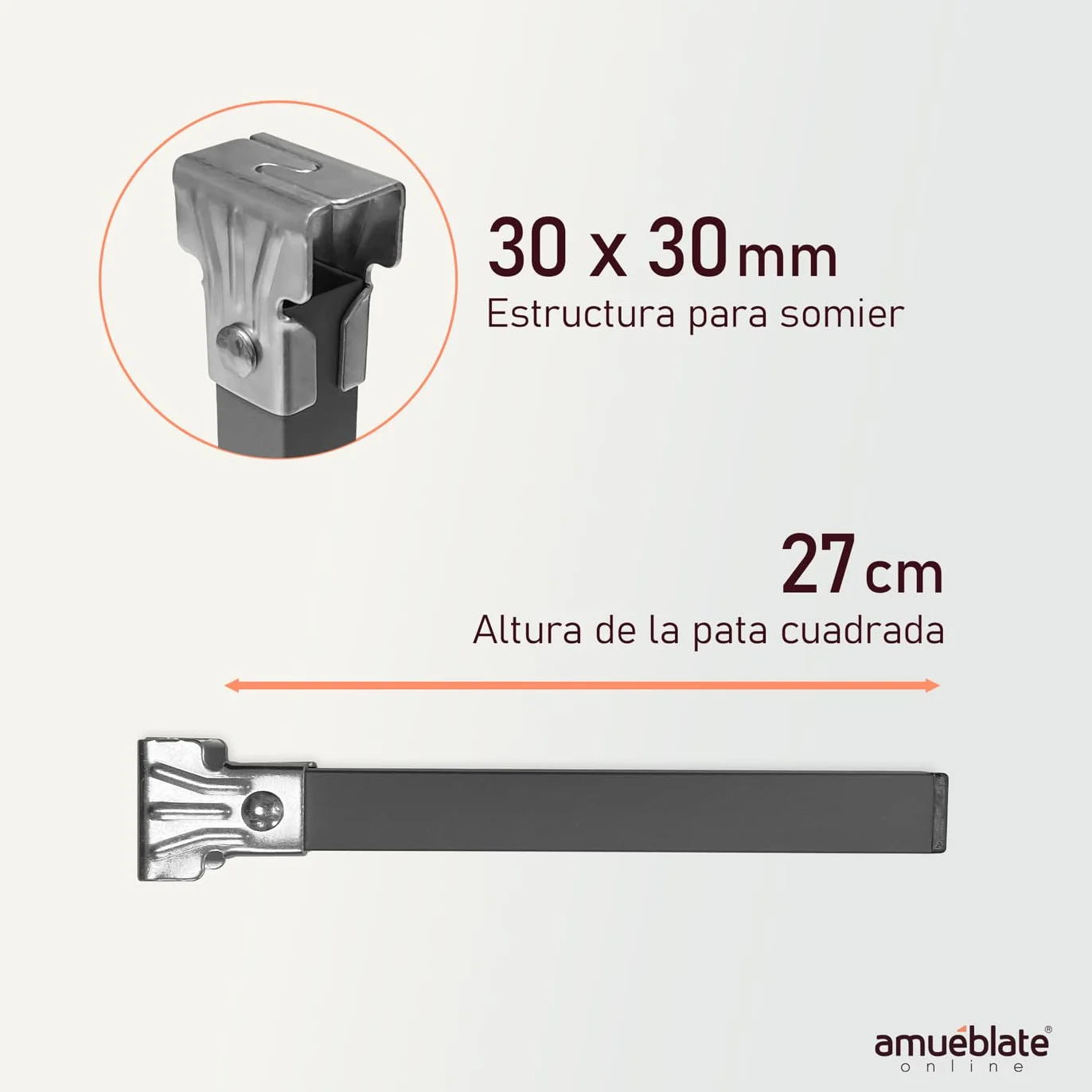 amuéblate online - Juego de 6 Patas cuadradas con Abrazadera para Somier de 30 x 30 mm, Altura 27cm, Gris
