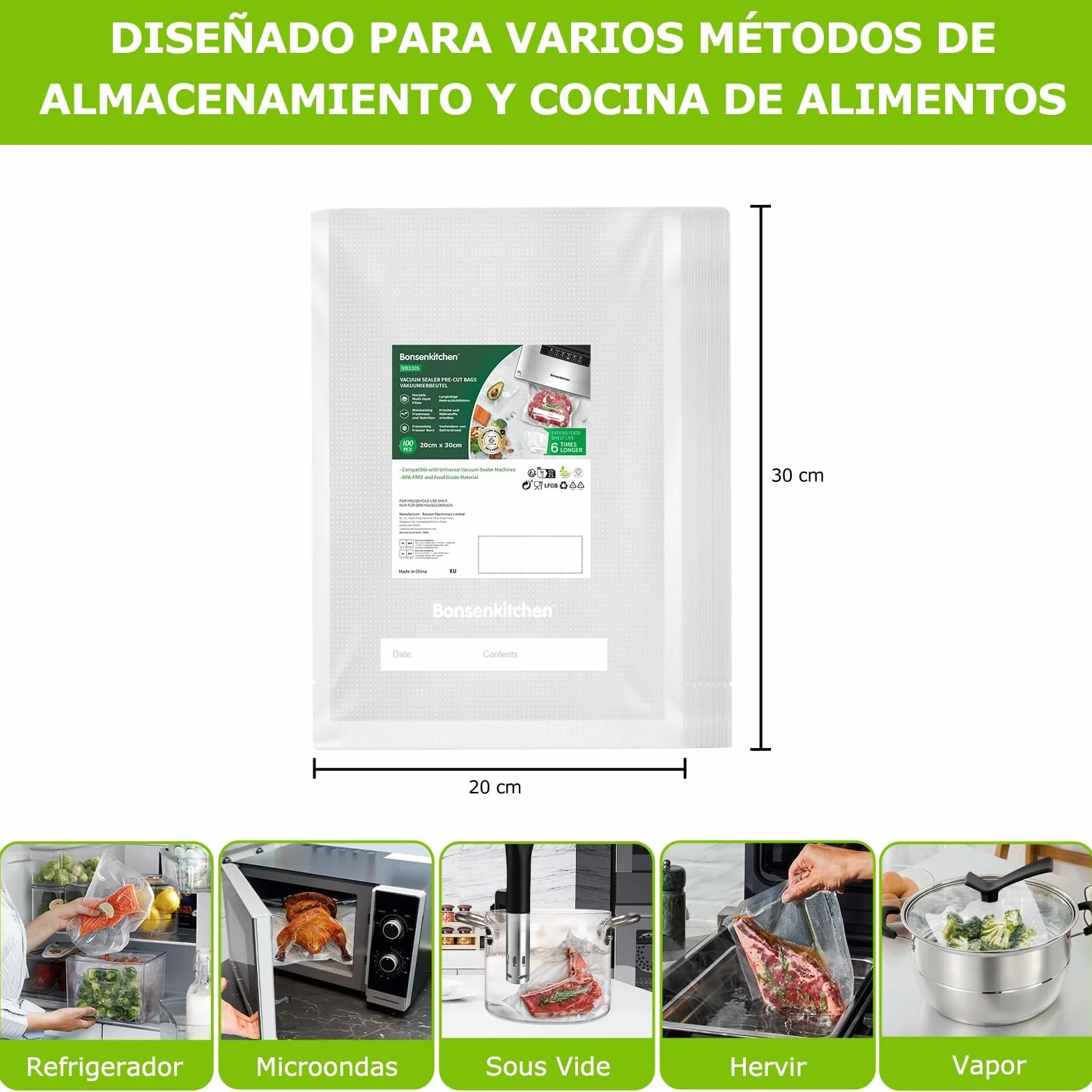 Bonsenkitchen - Bolsas de vacío para alimentos (100 bolsas, 20x30cm, para máquina al vacío, bolsas de PVC para hacer el vacío de aire con gofres para la conservación de alimentos y la cocción, VB3205