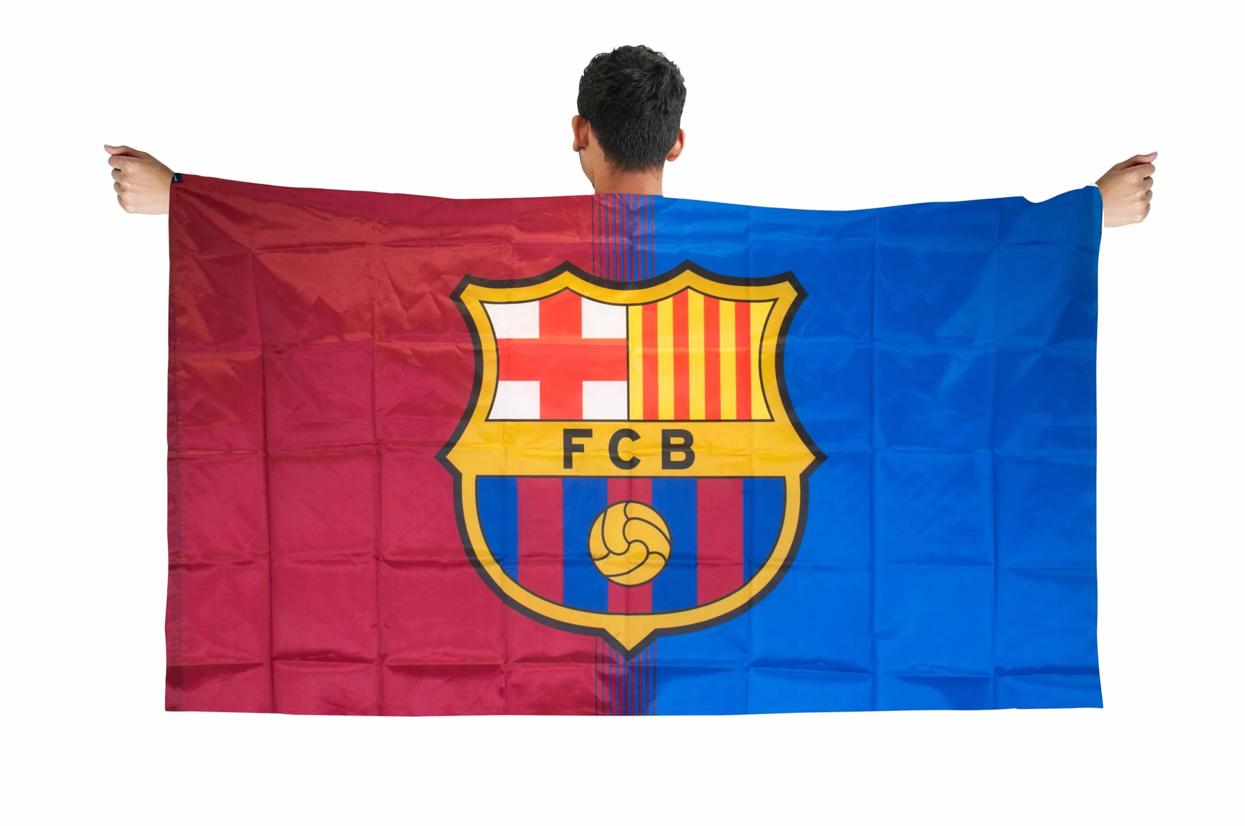 Bandera oficial de Barcelona de 5 x 3 pies, poliéster, fútbol, escudo grande, roja y azul
