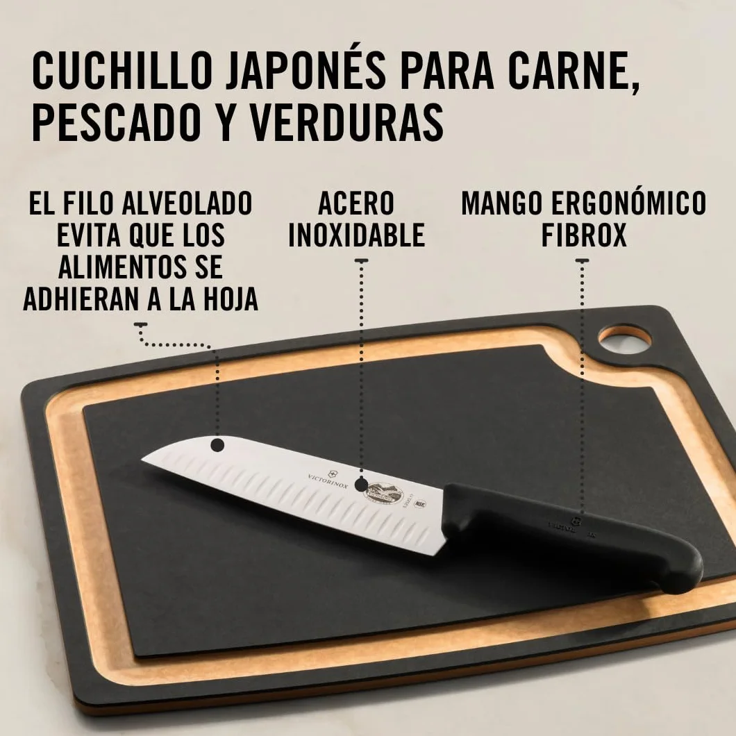 Victorinox Fibrox Cuchillo Santoku con hendiduras, cuchillo de cocina japonés para carne, pescado y verdura, 17 cm, afilado, acero inoxidable, negro
