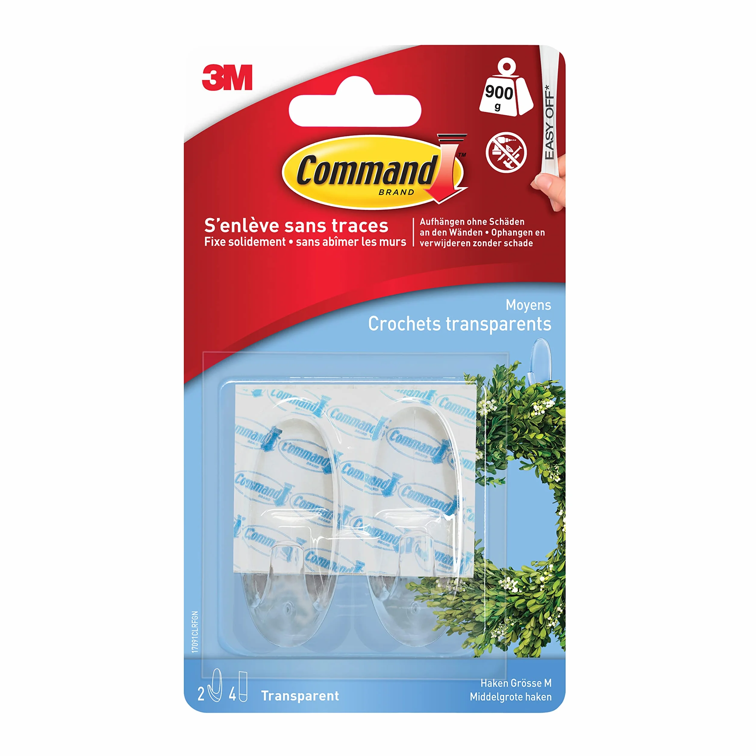 Command 17091CLR - Ganchos (900 gr de carga, talla M, 4 adhesivos para pared), color transparente