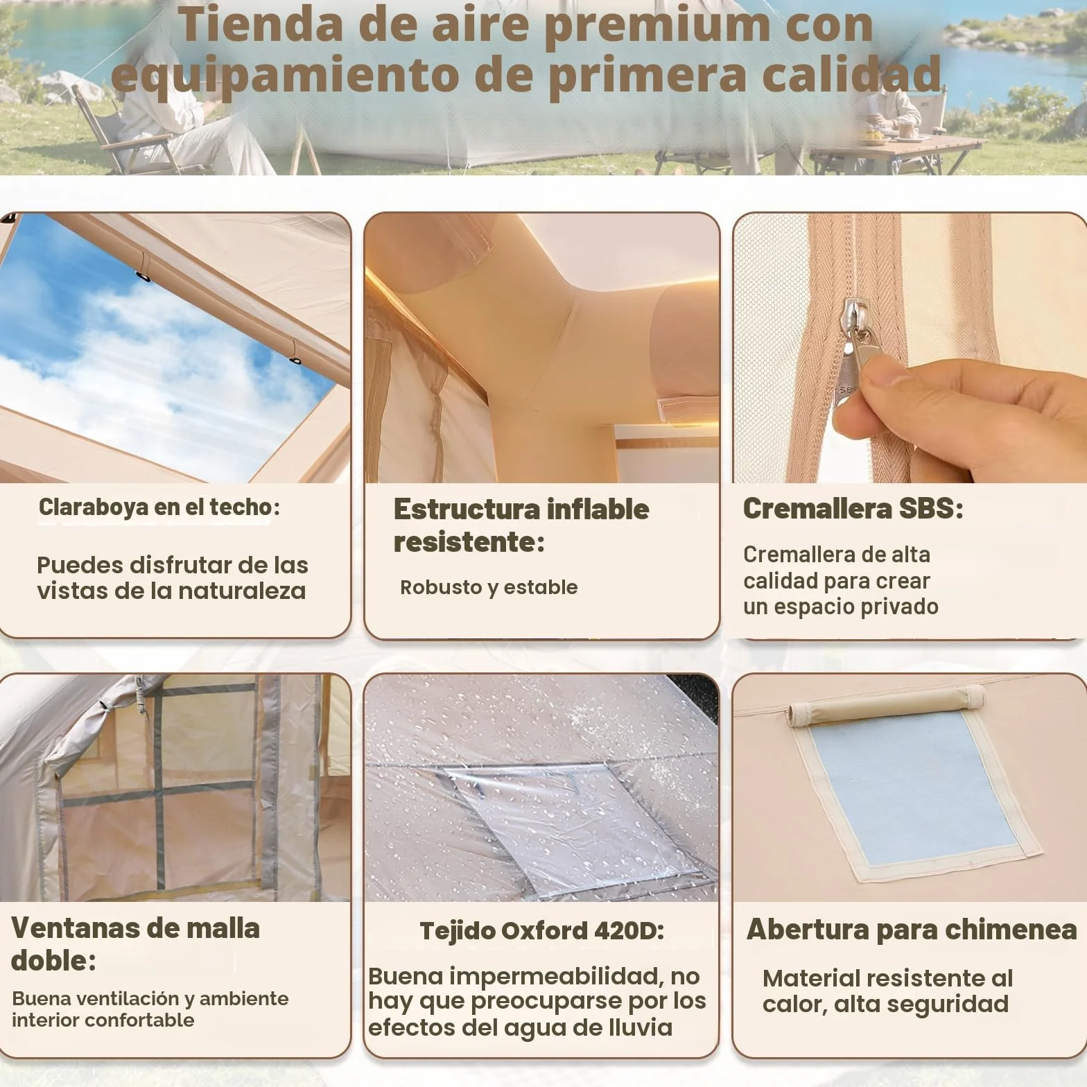Tienda de campaña inflable 2-8 personas Oxford impermeable 4 estaciones con bomba de aire