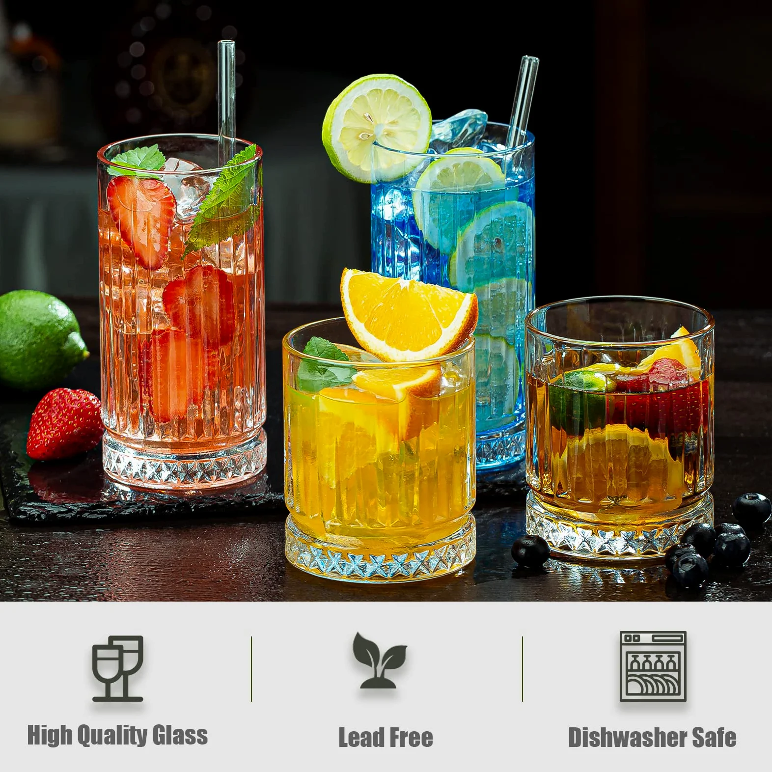 Vasos de cristal, juego de 8 vasos de vidrio duraderos, 4 vasos altos de 15 onzas y 4 vasos de roca de 12 onzas, vasos de mojito, vasos de cóctel, juego de cristalería de bar para cóctel,