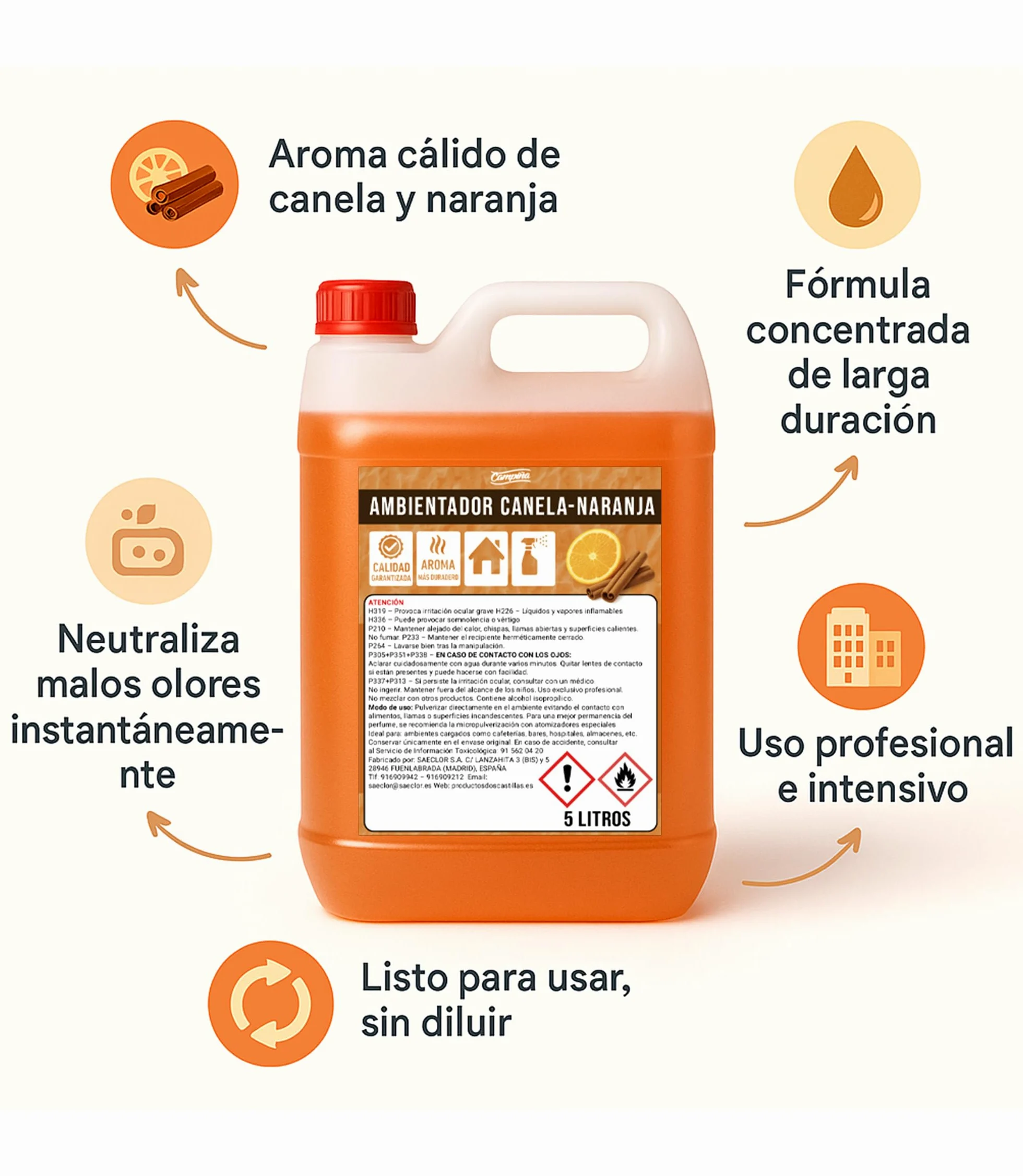 Ambientador Canela Naranja Aroma Profesional Duradero 5 Litros Neutraliza Olores Ideal Hogar Oficina Tiendas Hoteles Restaurantes Uso Intensivo Listo Para Usar Gran Rendimiento