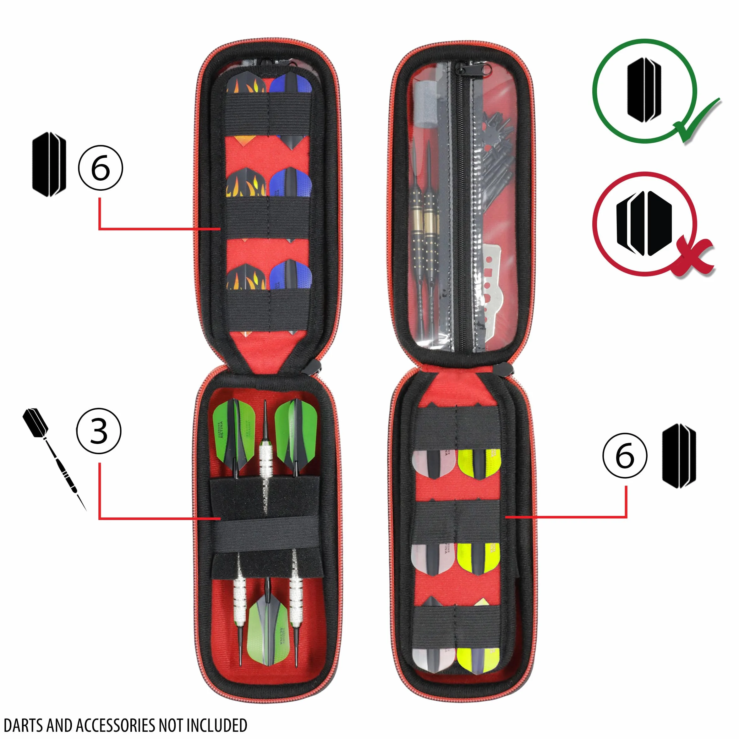 USA Gear Funda para Dardos - Estuche 3 Dardos de Punta Blanda con Compartimento Puntas de Plástico, 12 Ranuras Plumas, Varillas y Otros Accesorios - Diseño de Espuma con Cierre Seguridad (Rojo)