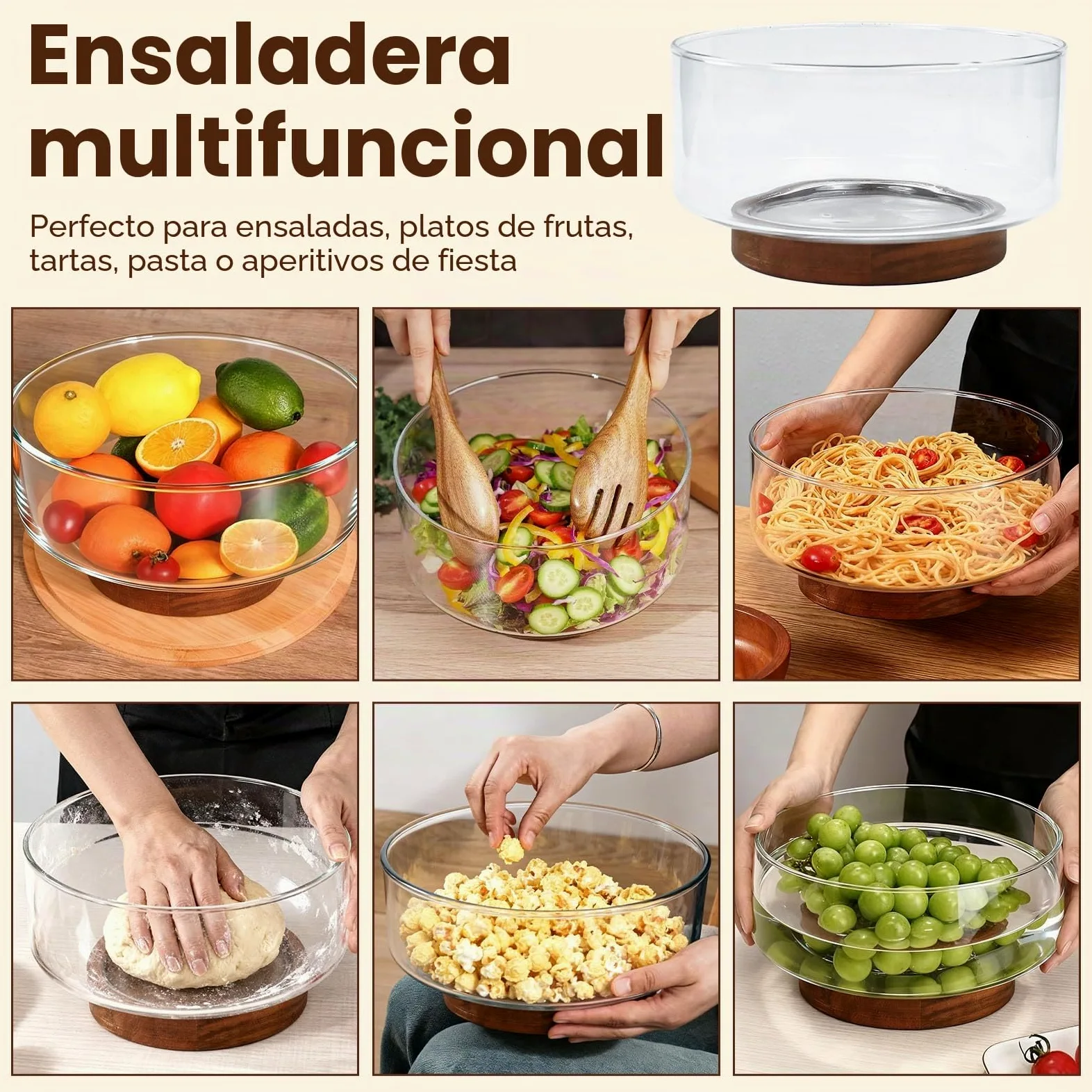Bol Cocina Cristal 23cm 3700ml Bol Ensalada Grande Bol de Mezcla Ensaladera Cristal con base de Madera Apto para Lavavajillas Microondas para Preparar, Servir y Mezclar + 1x Cuchala 1x Tenedor | Cuenco grande de cristal, ensaladera de cristal extragrande