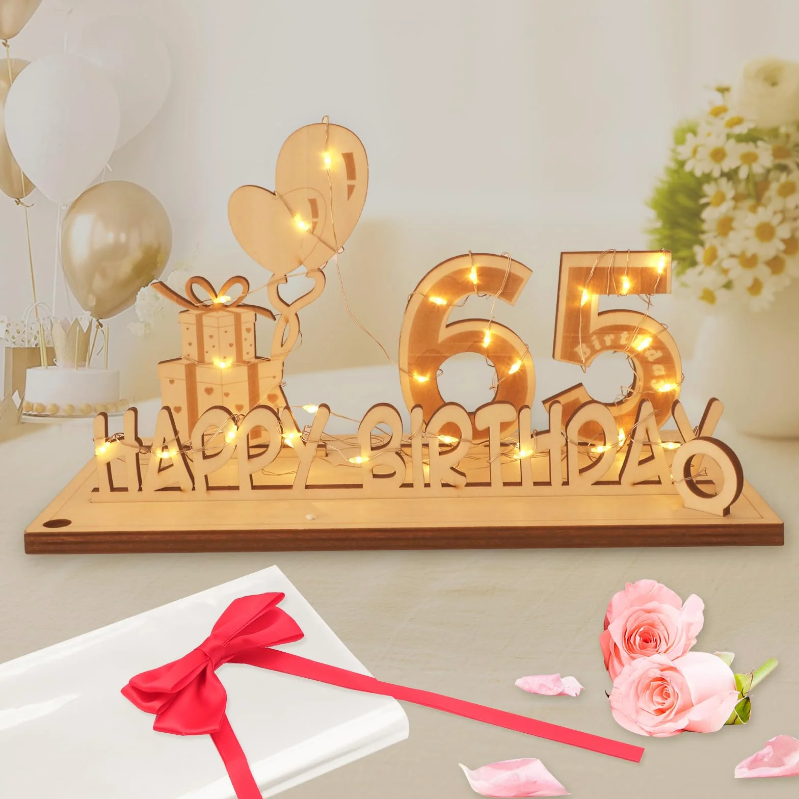 Regalos Originales de 65 Cumpleaños, Seutgjie Decoracion 65 Cumpleaños para Hombre Mujer con Tira de Luces LED y Libro de visitas para Aniversarios
