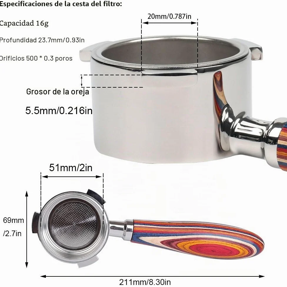 CAPFEI Portafiltro sin fondo, 51 mm, solo compatible con DeLonghi Dedica EC680/EC685/EC885 con 3 orejas, cesta de filtro de 0,3 mm poros, color mango de madera