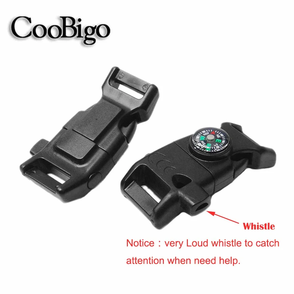 CooBigo Brújula 5/8 pulgadas, raspador de pedernal, iniciador de fuego, pulsera de paracaídas para camping y emergencia