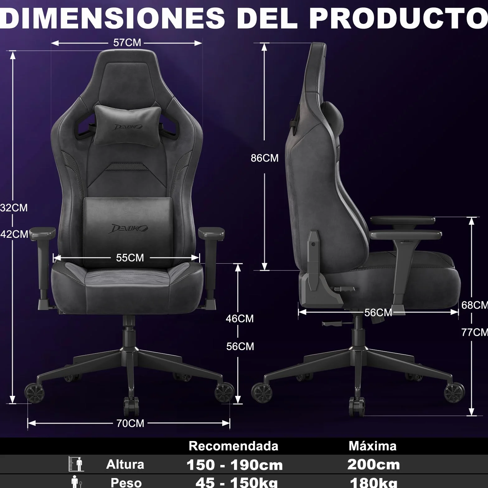 Devoko Silla Gaming Ergonómica para Adultos, con Reposabrazos 3D, Espuma de Alta Densidad, Soporte Lumbar Ajustable, Base Metálica Robusta, Ideal para Juego y Oficina, Negro