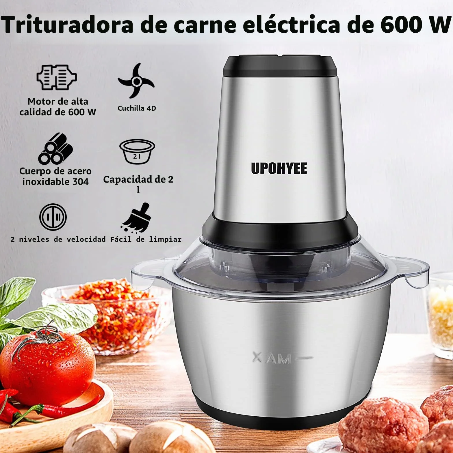 Picadora Eléctrica de Alimentos 600W y Capacidad 2L Trituradora de Alimentos 4 Cuchillas Acero Inoxidable Picadora de Carne 2 Velocidades para Frutas Verduras Carne Especias