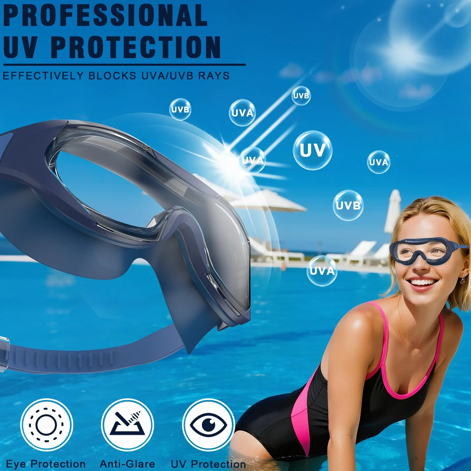 Gafas Natacion Hombre Adultos Montura Grande Antivaho Proteccion UV Lentes HD Unisex Buceo Deportes Acuaticos