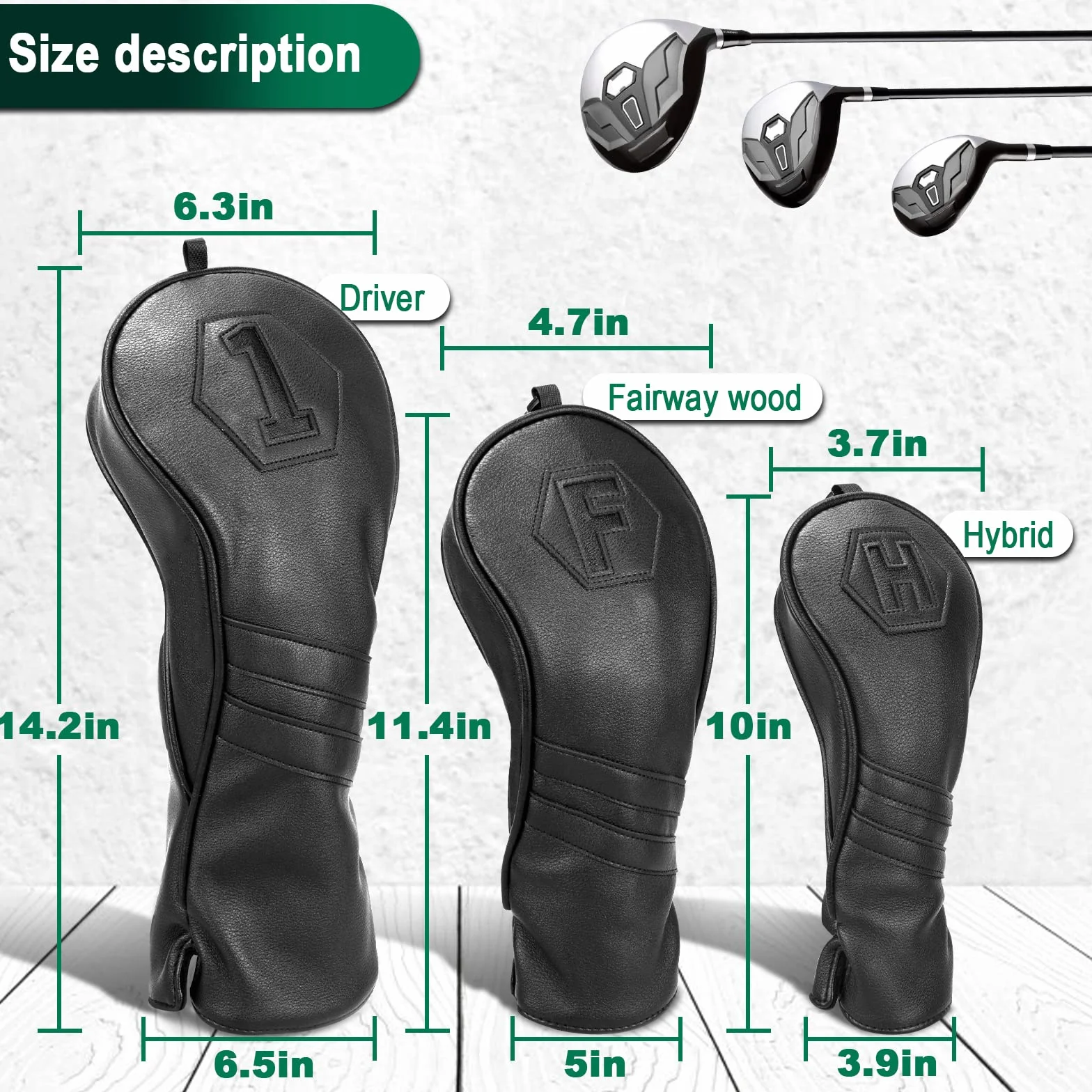 Fundas para cabeza de palo de golf madera Driver Fairway Hybrid 1FH negro piel sintética cierre elástico