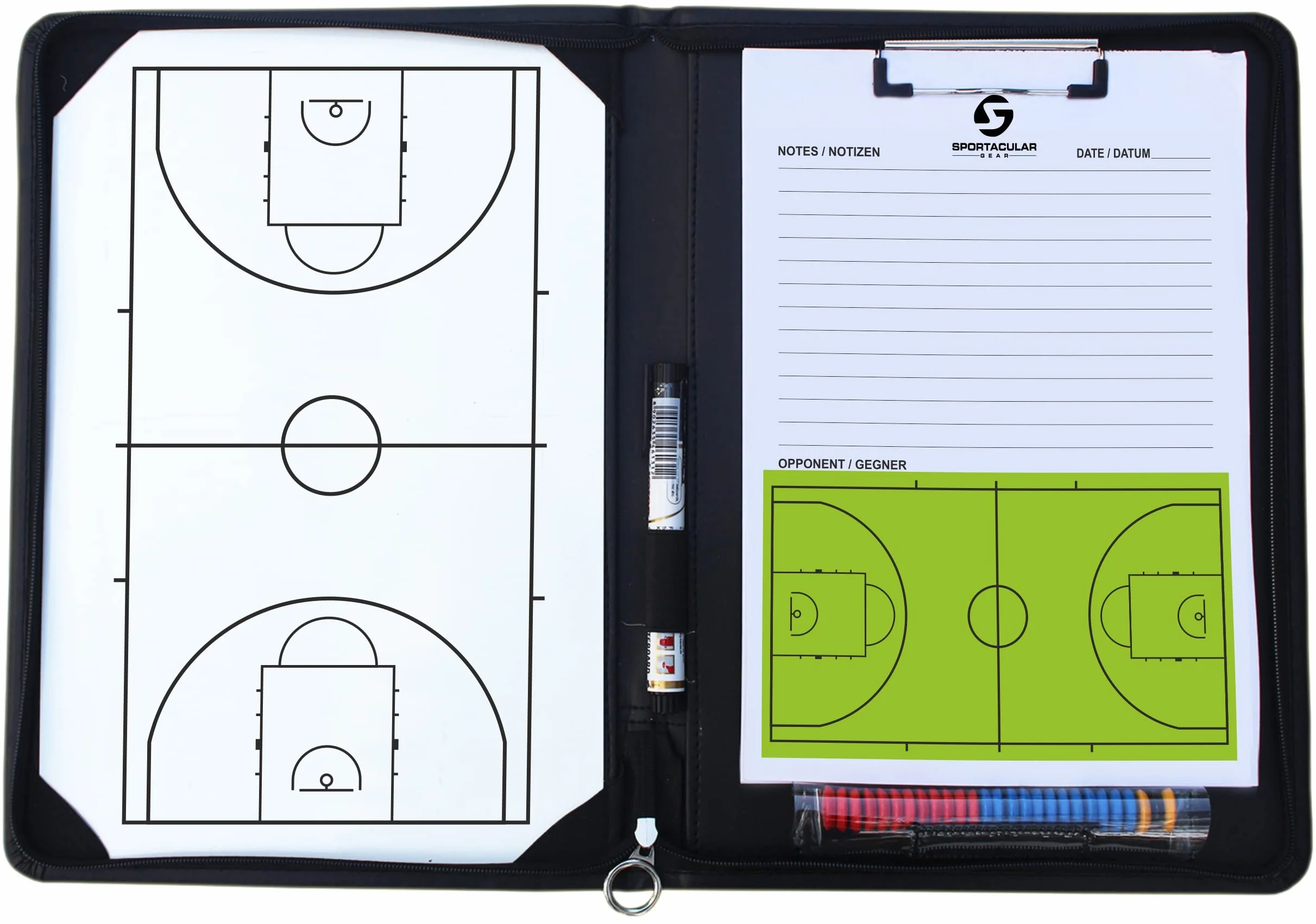 Carpeta de entrenador de baloncesto táctica con pizarra y accesorios, Negro