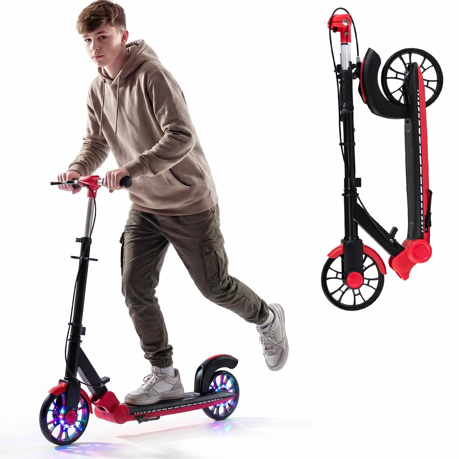 COSTWAY Patinete Plegable con LED Luminosas, Scooter Urbano de Altura Ajustable para Adolescentes y Adultos, Carga 100kg