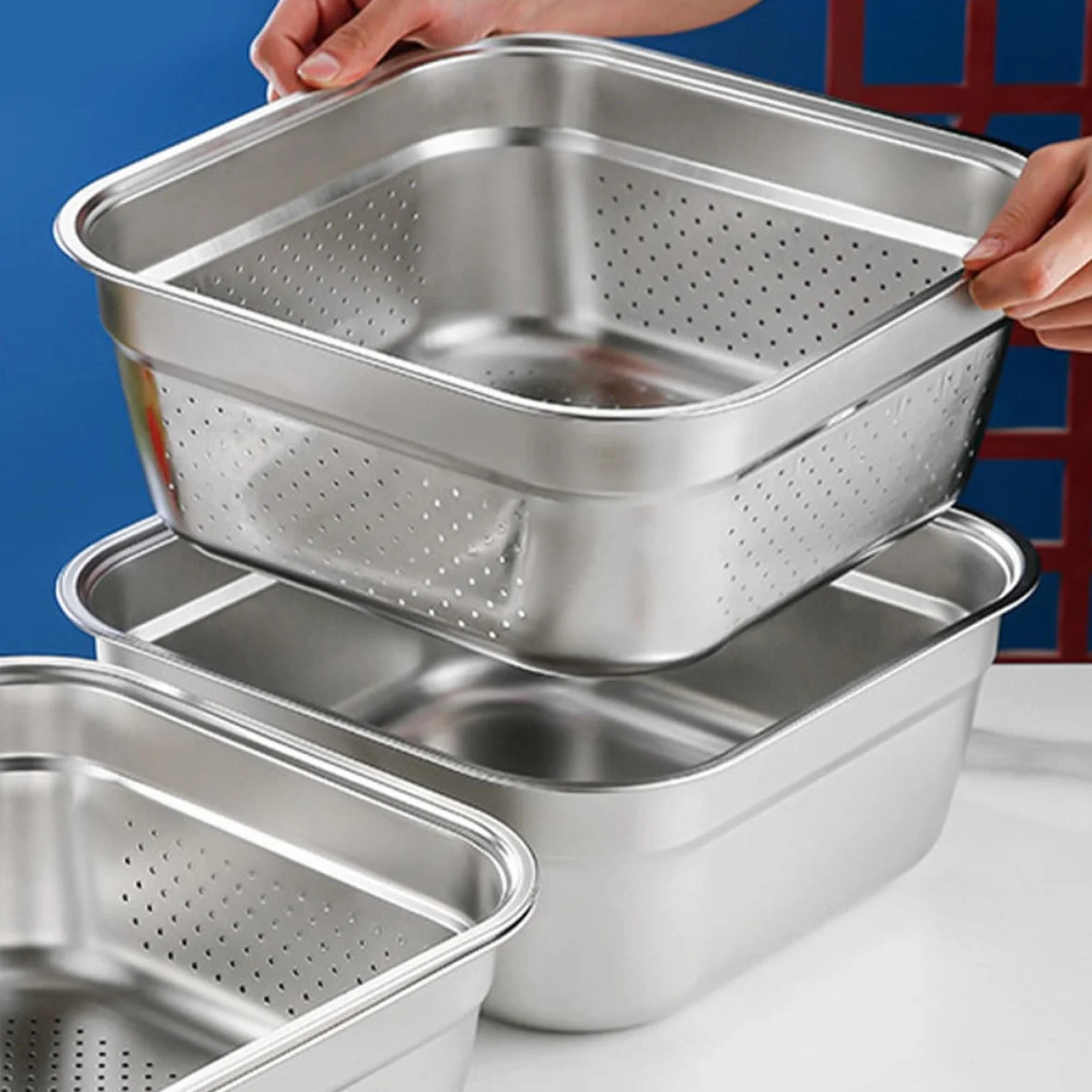 Colador de Acero Inoxidable de Gran Capacidad Forma Cuadrada, Resistente y Ahorra Espacio, Adecuado para Cocinar y Lavar Verduras y Frutas Cocina