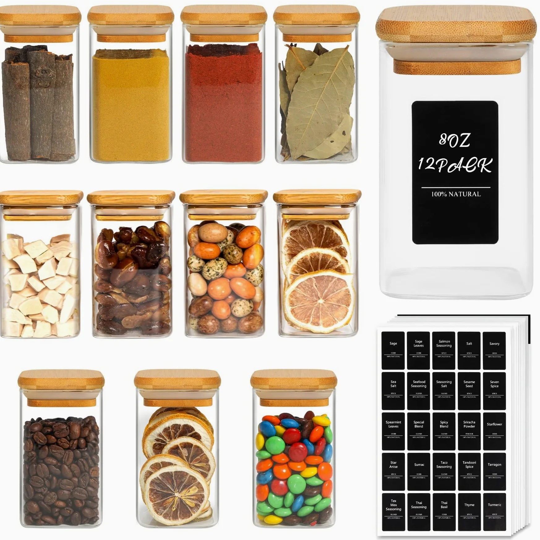 Tarros de especias de vidrio con tapa de bambú y etiqueta, paquete de 12 recipientes cuadrados de vidrio de 8 onzas/250 ml, tarros de especias de vidrio herméticos con tapas, recipiente de vidrio para