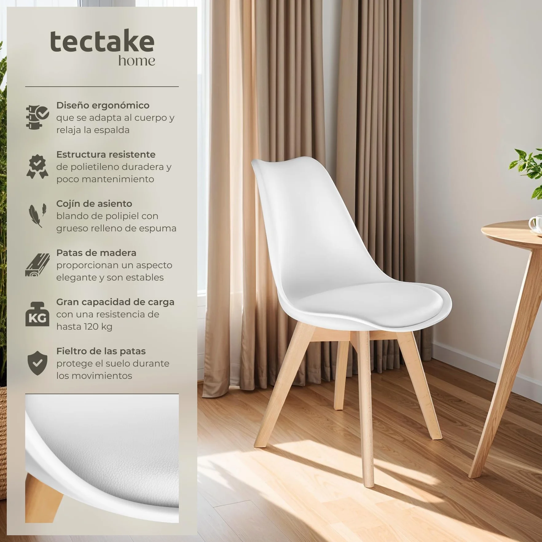 tectake® Sillas de Comedor, Muebles Comedor con Diseño Nórdico, Conjunto Sillas Cocina, Asiento Acolchado Silla Ergonómica, Mueble Cocina Moderno - Set de 2 Blanco