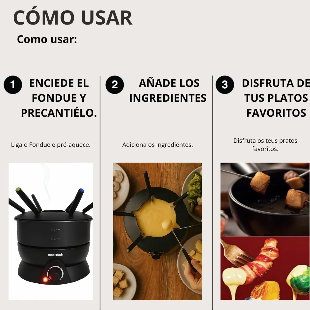 Fondue Eléctrico para 6 Personas, Fondue para Queso, Chocolate, Carne, Caldo y Más, Capacidad de 1.3L, Antiadherente, Termostato Regulável