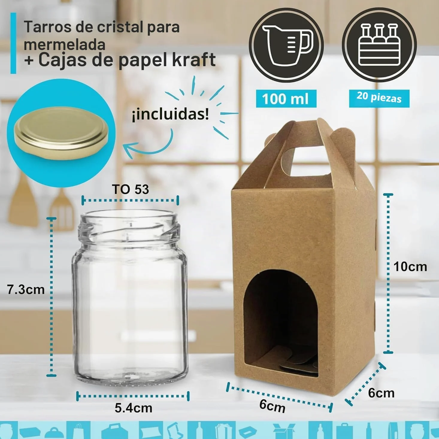 20 Tarros de Cristal 100 ml con Tapa Dorada + 20 Cajas de Cartón con Ventana – Botes de Mermelada de Regalo para Bodas y Detalles | Espirito Rebelde