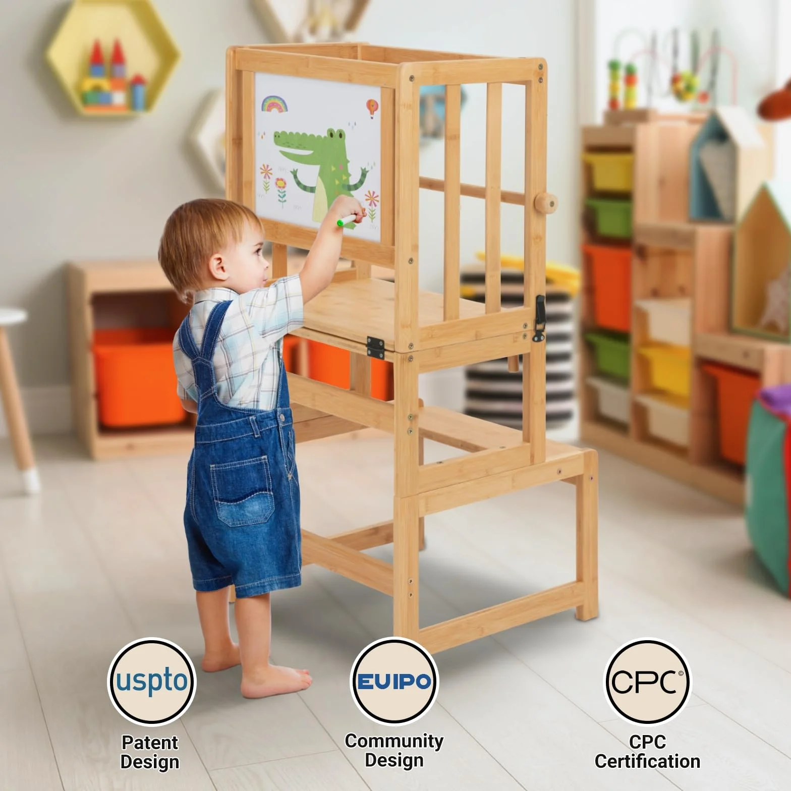 COSYLAND Torre de Aprendizaje 3 en 1 Bambú Convertible Escritorio Infantil Pizarra Dibujar Niños 18 Meses 6 Años Cocina Natural