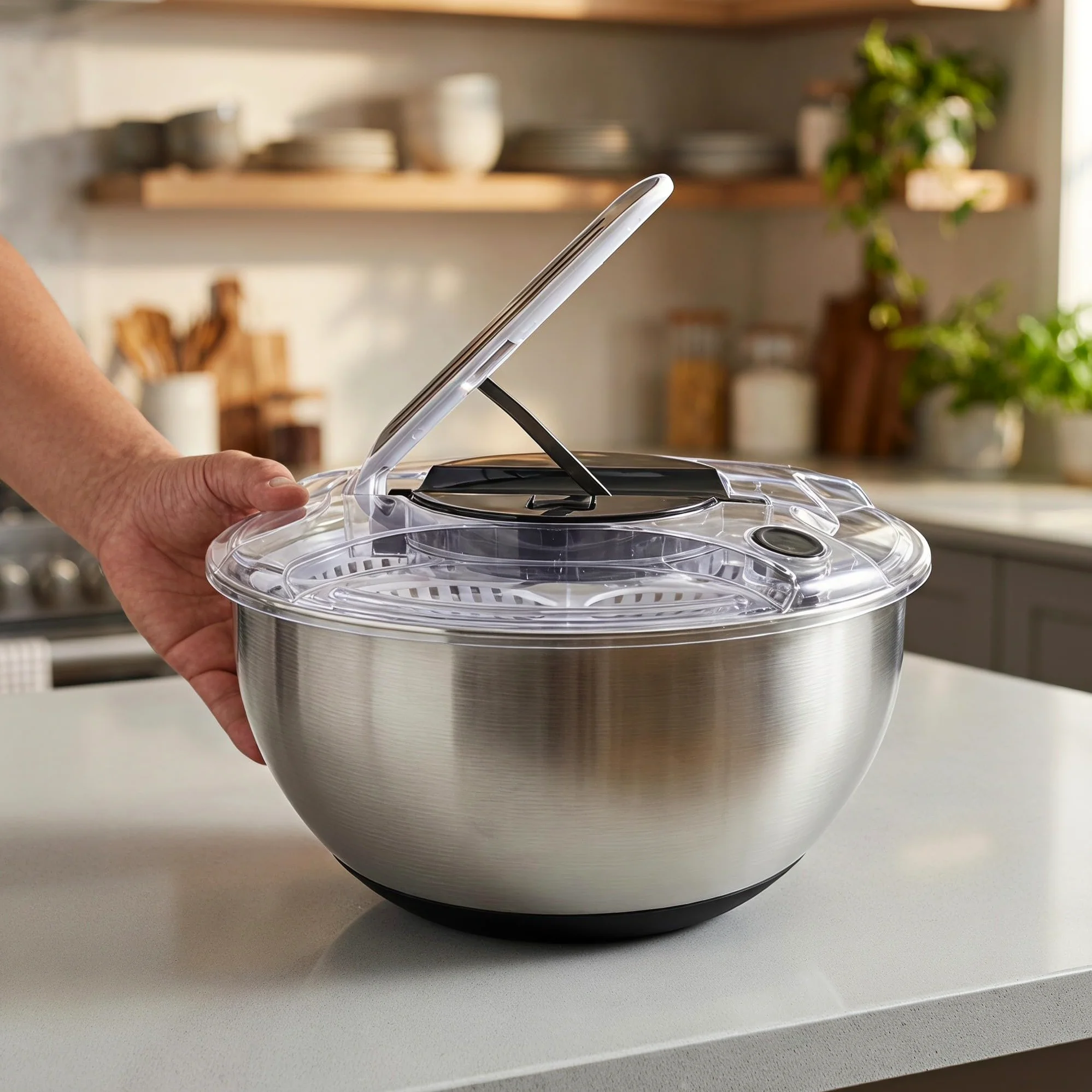 Zerodeko Centrifugadora de ensaladas de Acero Inoxidable de 3,7 Cuartos de | Bol para lavar frutas con colador, centrifugadora para colar frutas, limpiador de verduras, lavadora de lechuga para