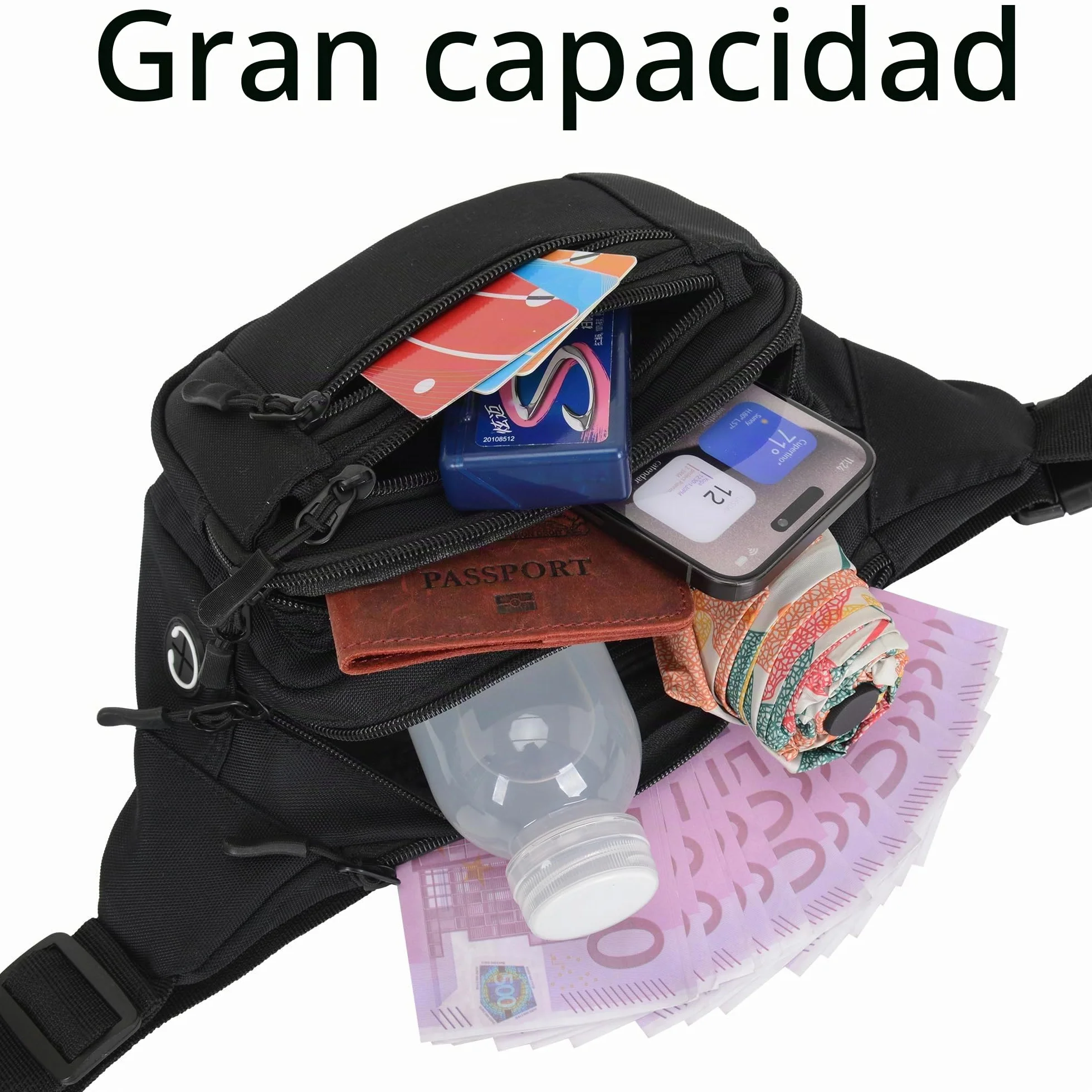 Riñonera Deportiva Unisex con Cinturón Ajustable 30 cm 6 Bolsillos Cremallera Negro