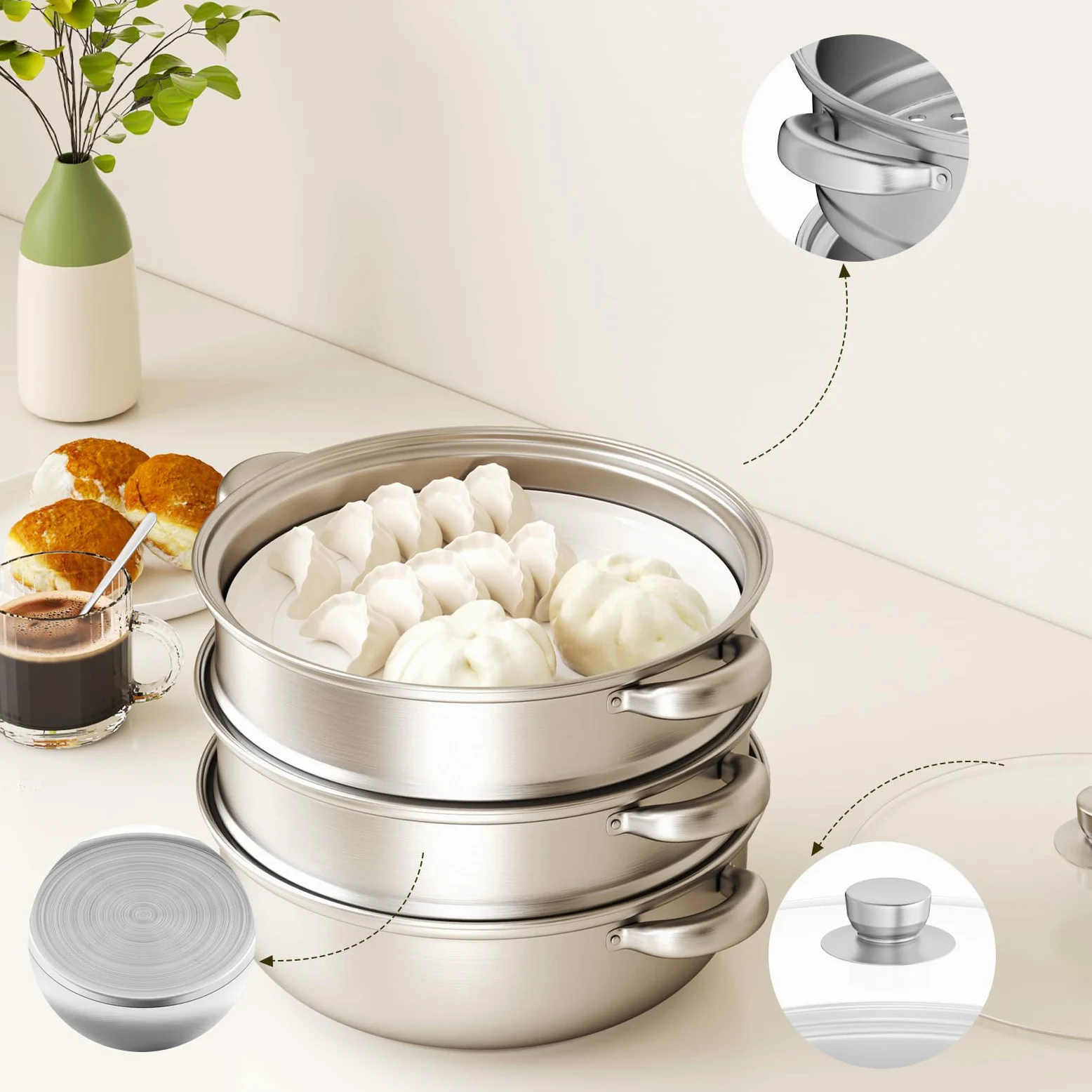 Vaporera para cocinar al vapor, de acero inoxidable de 28 cm, con bandeja de vapor, 3/4/5 niveles con tapa para cocinar verduras, mariscos, sopas, guisos y pasta (cuatro)