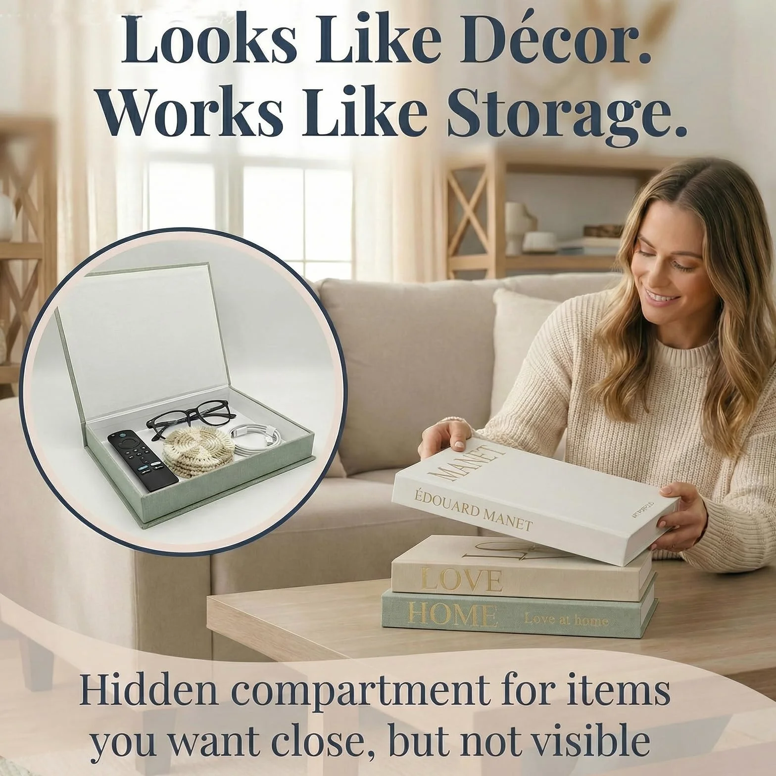 Juego de 3 libros decorativos - Libro falso en fundas de lino con cierre magnético - Caja de almacenamiento oculta - Accesorios estéticos y elegantes - Cajas modernas con forma de libro para simpatía