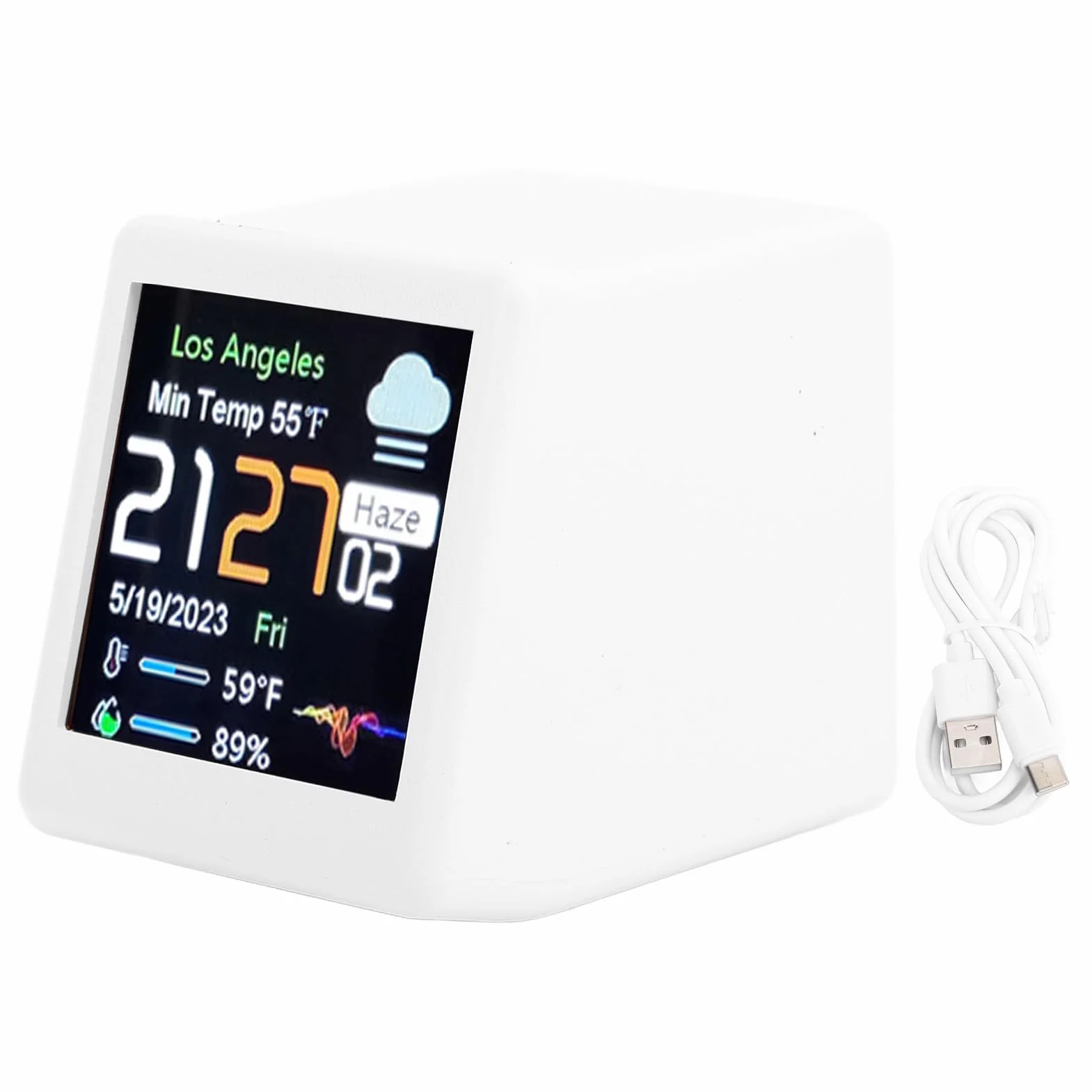 Ejoyous Reloj Electrónico Inteligente, Pantalla Digital LCD, con Pronóstico del Tiempo, Temperatura, Calendario, Conexión WiFi, Personalización de Animación, para Escritorio, Hogar (White)
