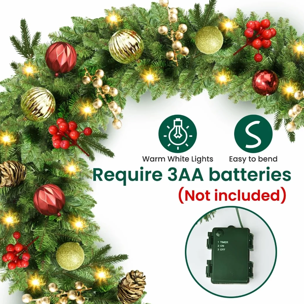 Guirnalda Navidad, 2,7m 30LED Guirnaldas Navideñas con Luces, Navidad Decoración, Adornos Navideños, Decoracion para Exterior, Escaleras, Chimenea, Puerta de Entrada Patio y Jardín