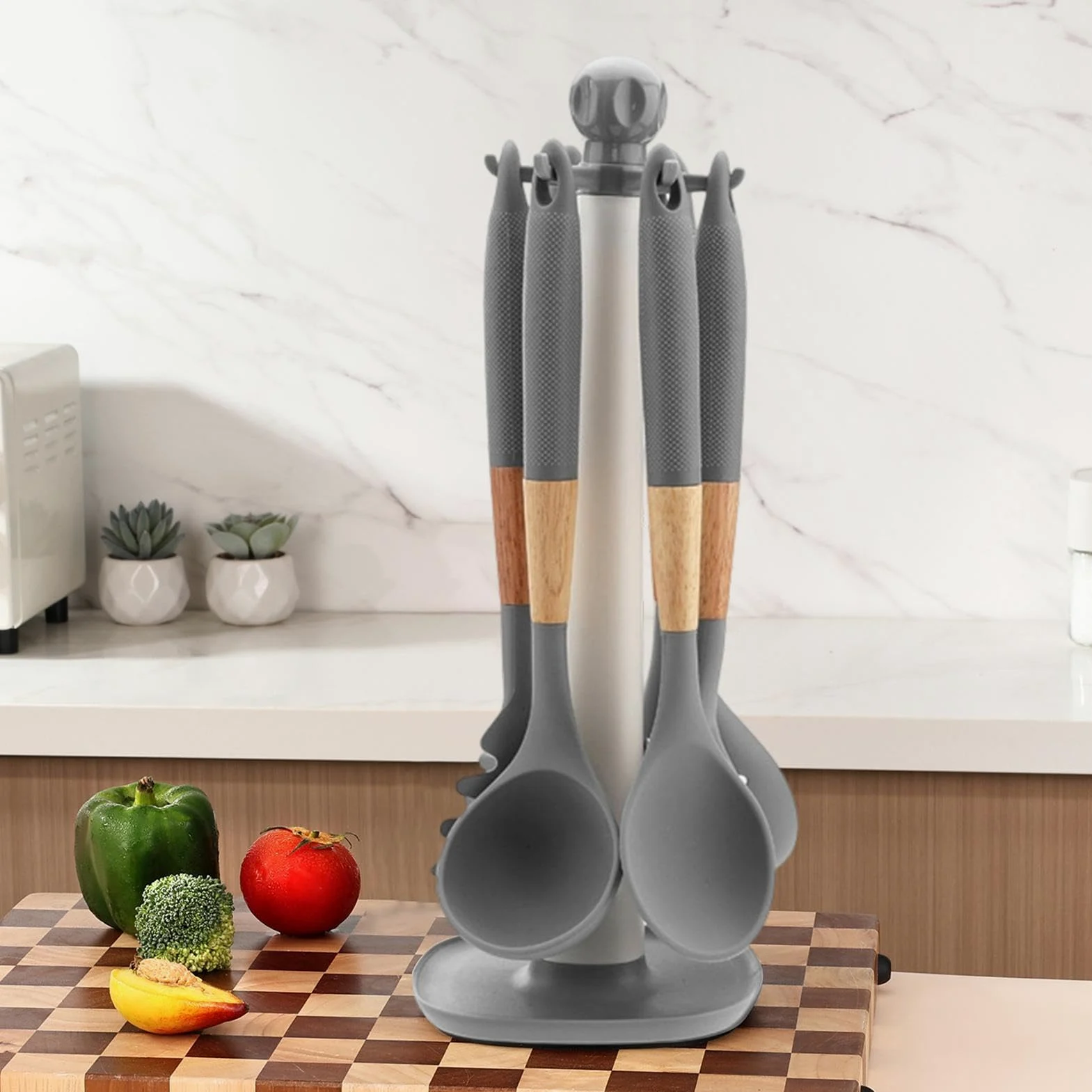 Utensilios de Cocina de Silicona Set de 7 Piezas con Mango Largo, | Cucharas de Cocina, Cucharón y Espátula para Hogar, Apartamento, Restaurante, Camping, Cocinar,
