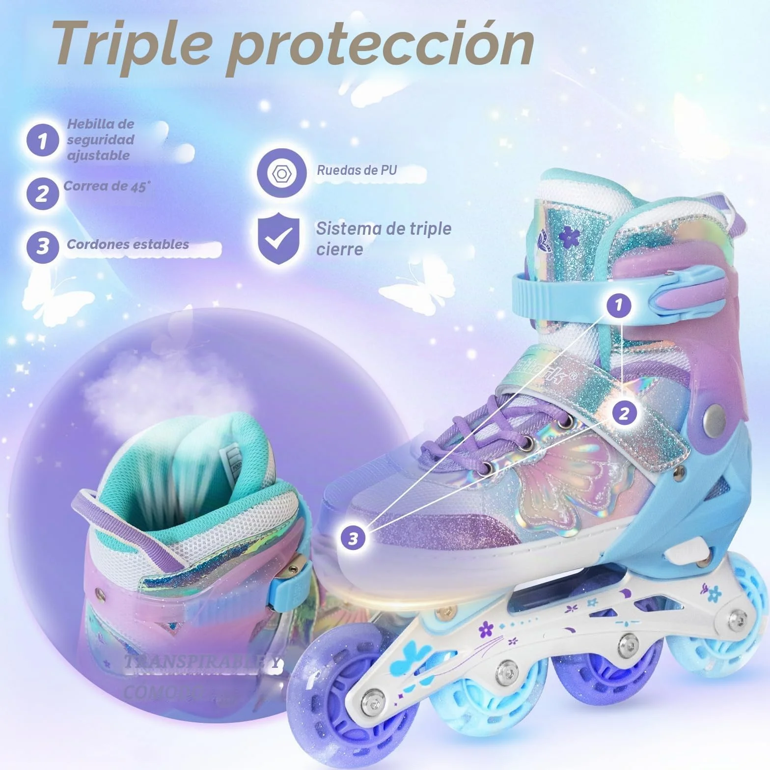 Patinaje en línea para niños Patines Ajustables Rodillos Mariposa niñas 6-12