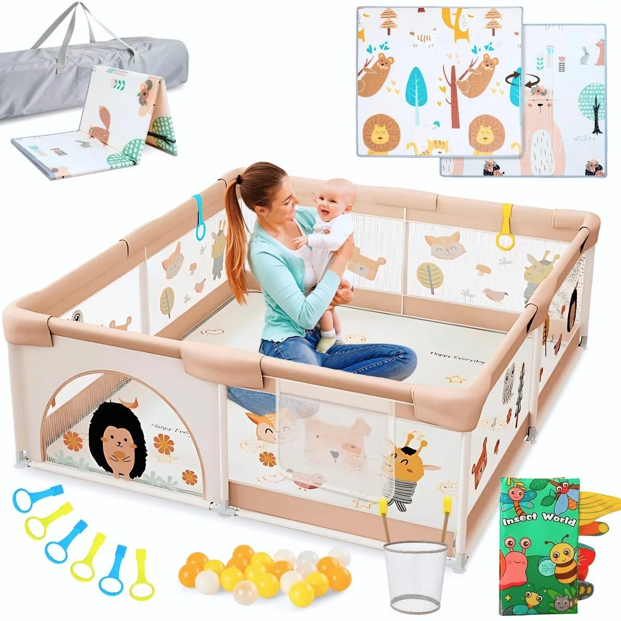 BELLEBEBE Parque Infantil Bebe 150x180cm Corralito Plegable con Alfombra Acolchada y Bolas