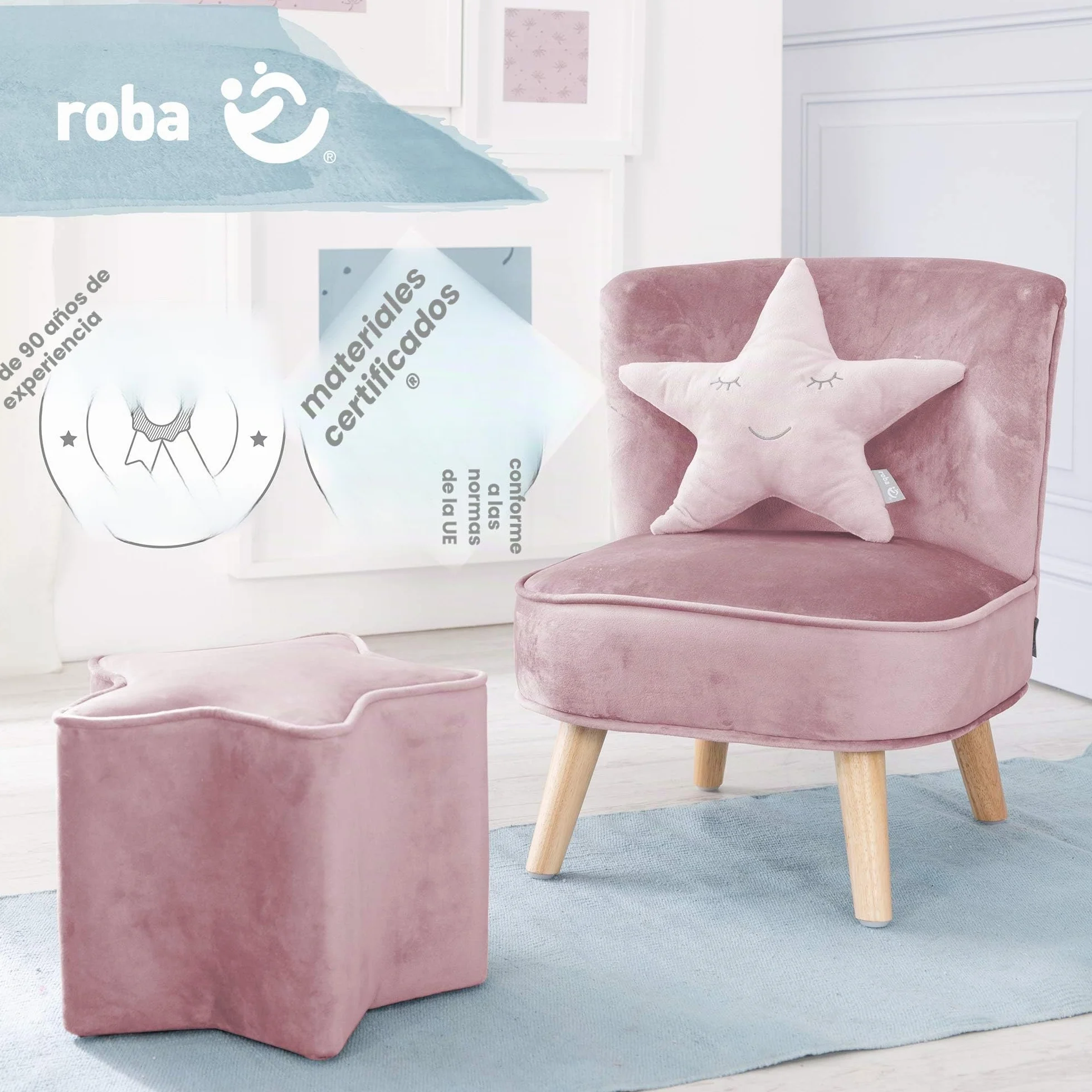 roba Cojín Decorativo en Forma de Estrella para Habitación Infantil - Cojín de Peluche - Cara Bordada - Rosa / Lila