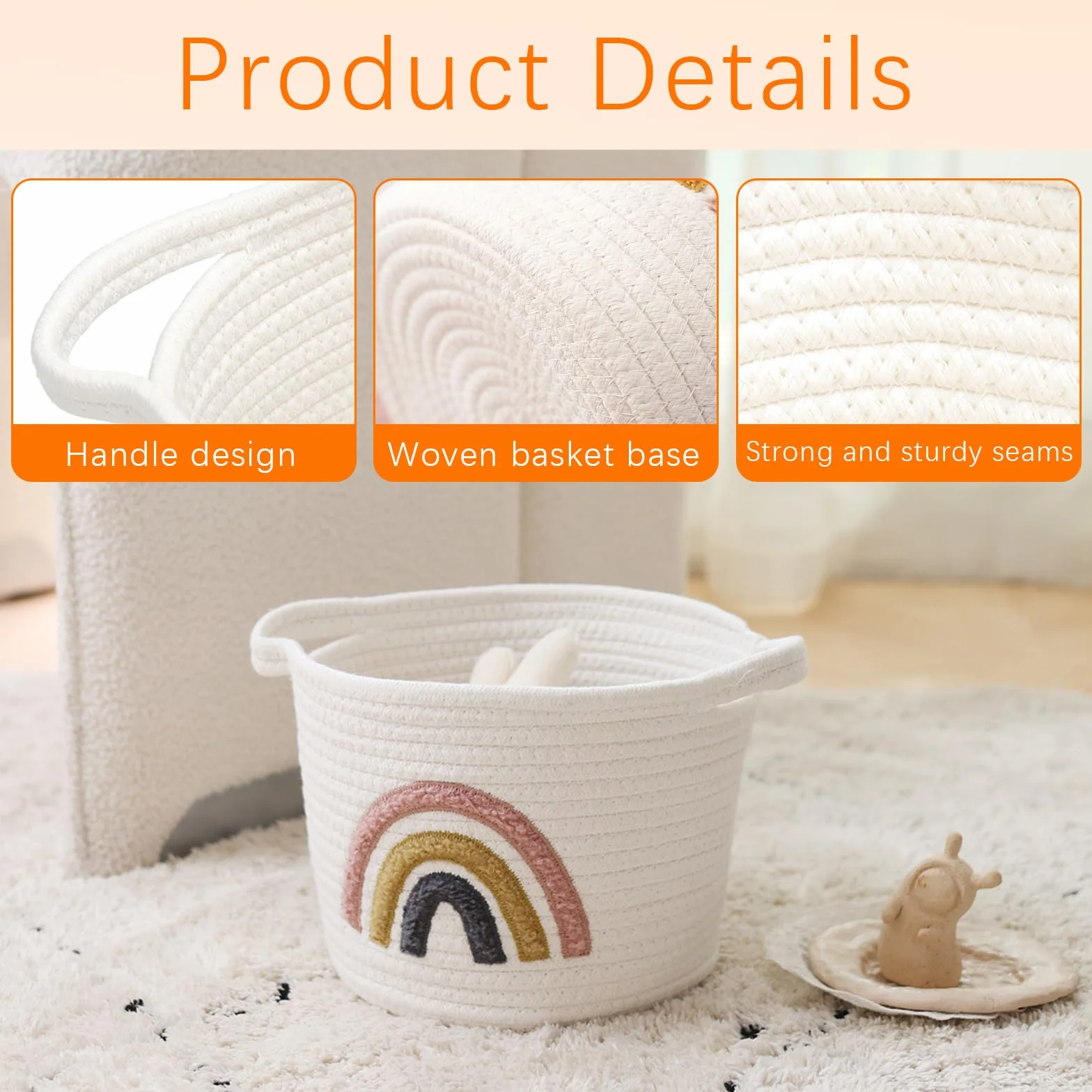 Cesta de almacenamiento tejida cuerda algodón arco iris decorativa para juguetes toallas ropa