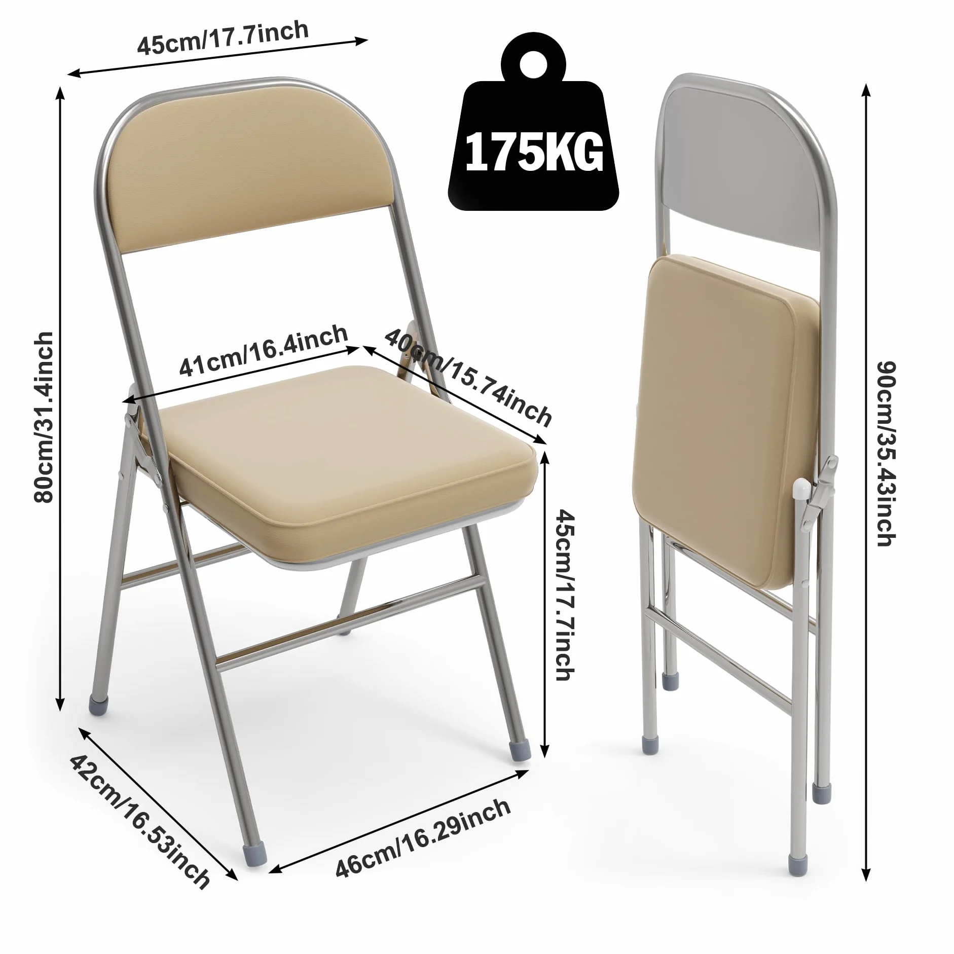 Juego de 4 Cómoda Silla Plegable sillas Plegables de Cuero para Cocina con cojín Grueso, sillas de Comedor Plegables para Cocina, Interior, Exterior, Sala de conferencias Beige