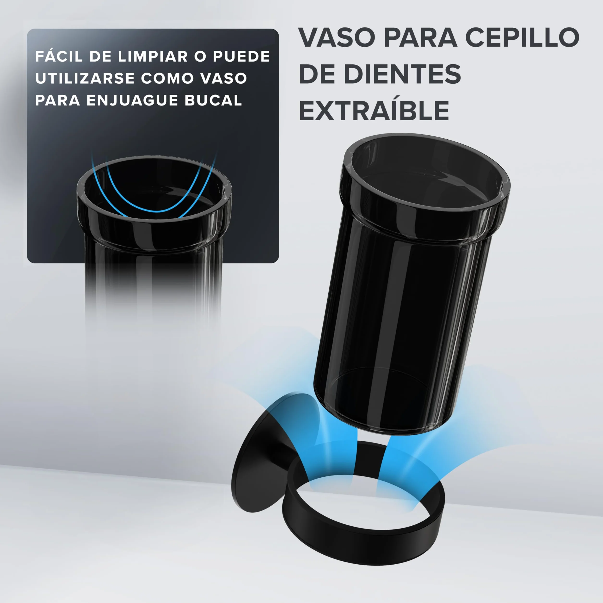 Vaso Cepillo de Dientes ovimar Engeloya | Negro | sin taladrar | de Cristal y Acero Inoxidable para el baño | con Vaso extraíble y Soporte para Cepillo de Dientes | para Pegar en la Pared