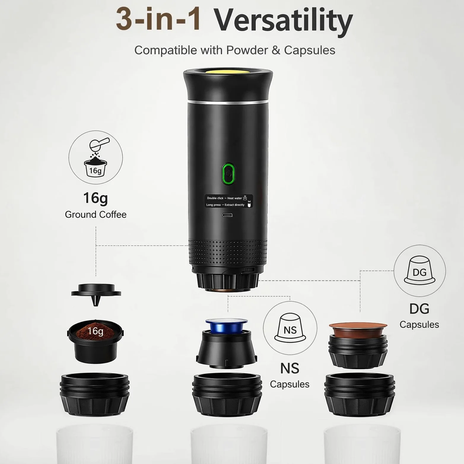 Cafetera Espresso Eléctrica Portátil 3 en 1, Maquina Cafe Capsulas 20 Bar | Cafetera de Viaje para Camping, Cafetera de Coche Autocalentable con USB C para Cápsulas Pequeñas o Grandes y Café Molido