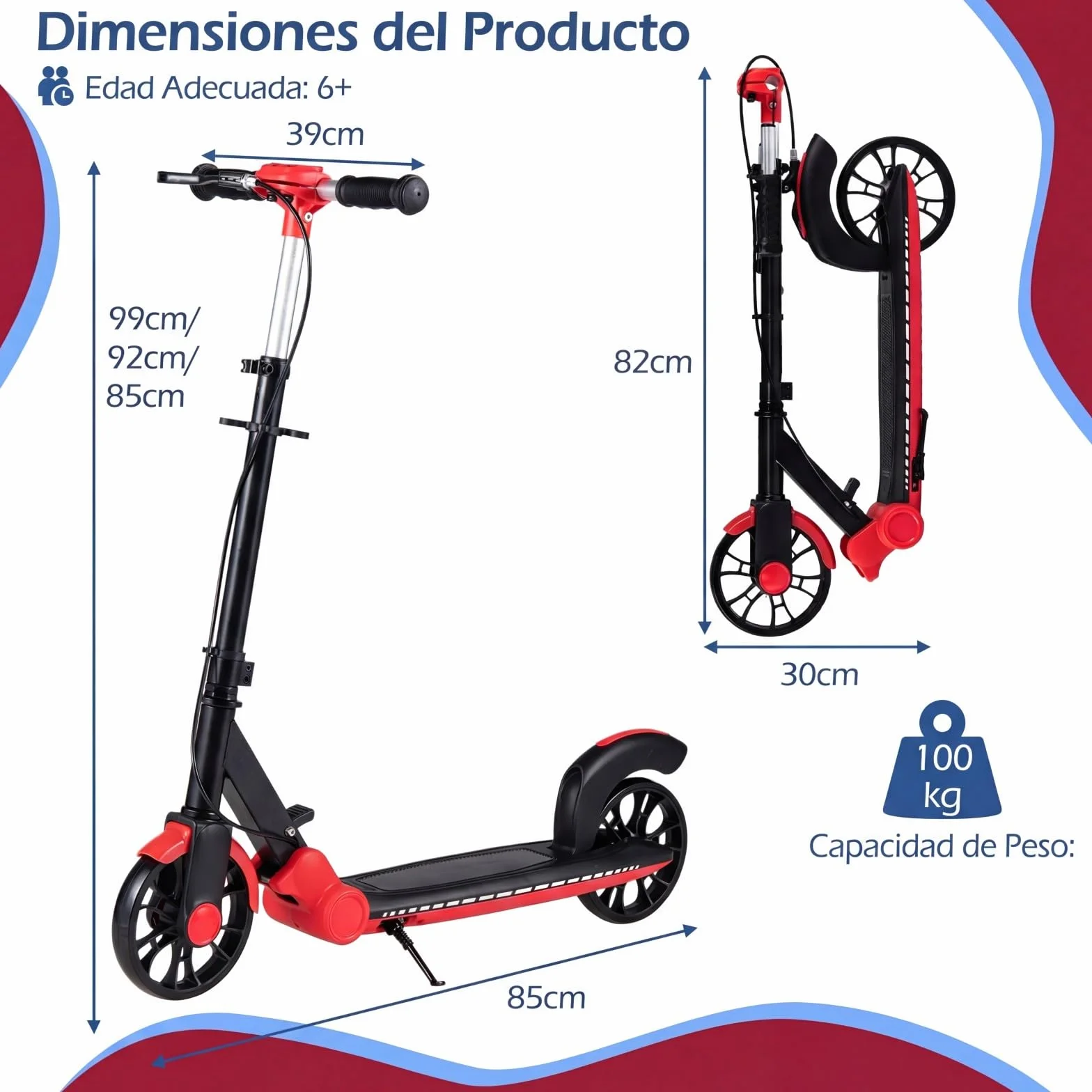 COSTWAY Patinete Plegable con LED Luminosas, Scooter Urbano de Altura Ajustable para Adolescentes y Adultos, Carga 100kg